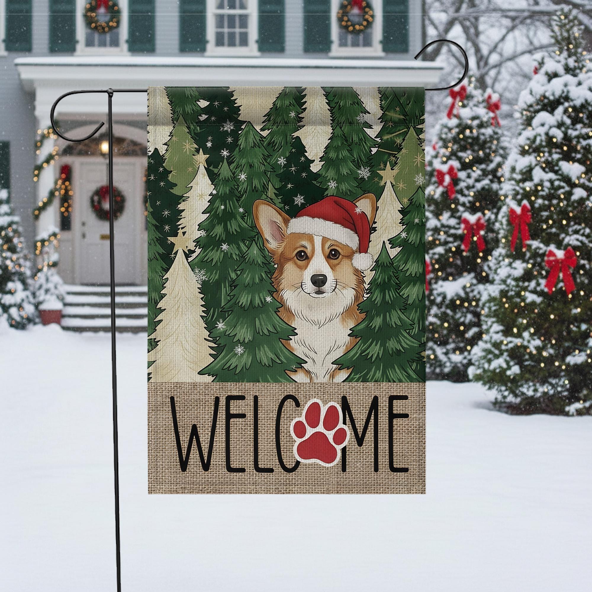 Corgi Christmas Garden Flag – Winter Outdoor Welcome Sign with Santa Hat and Paw Print