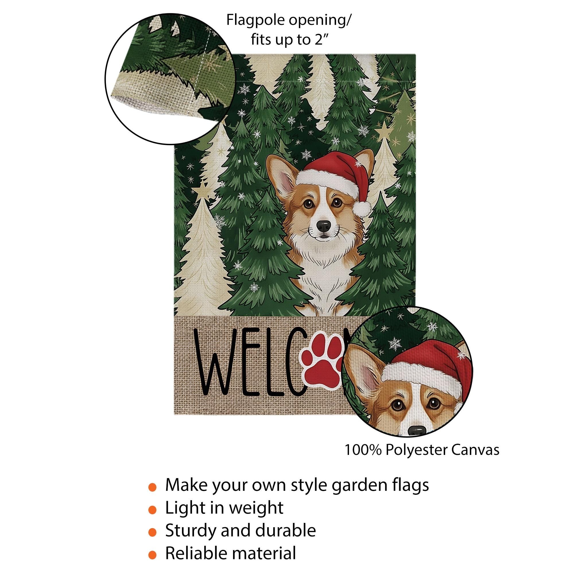 Corgi Christmas Garden Flag – Winter Outdoor Welcome Sign with Santa Hat and Paw Print