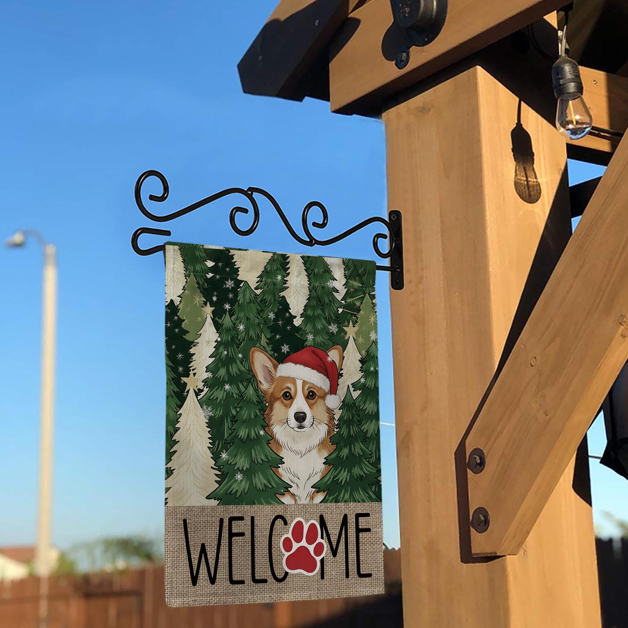 Corgi Christmas Garden Flag – Winter Outdoor Welcome Sign with Santa Hat and Paw Print