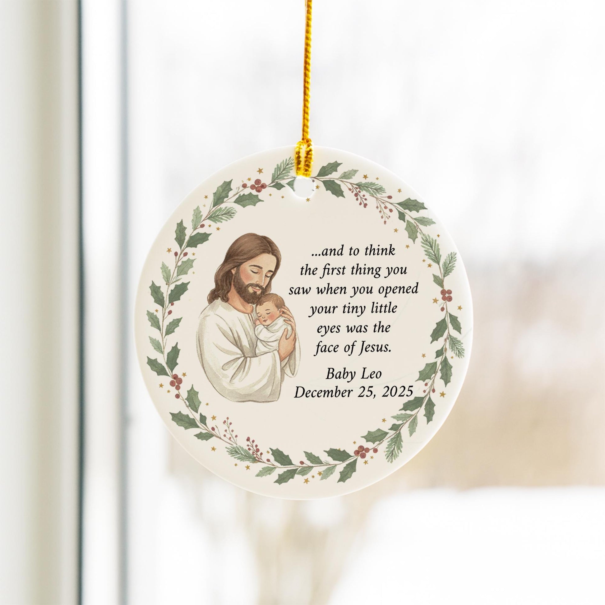 Personalized Memorial Ornament: Ceramic Round Christmas Keepsake with Baby and Jesus Artwork