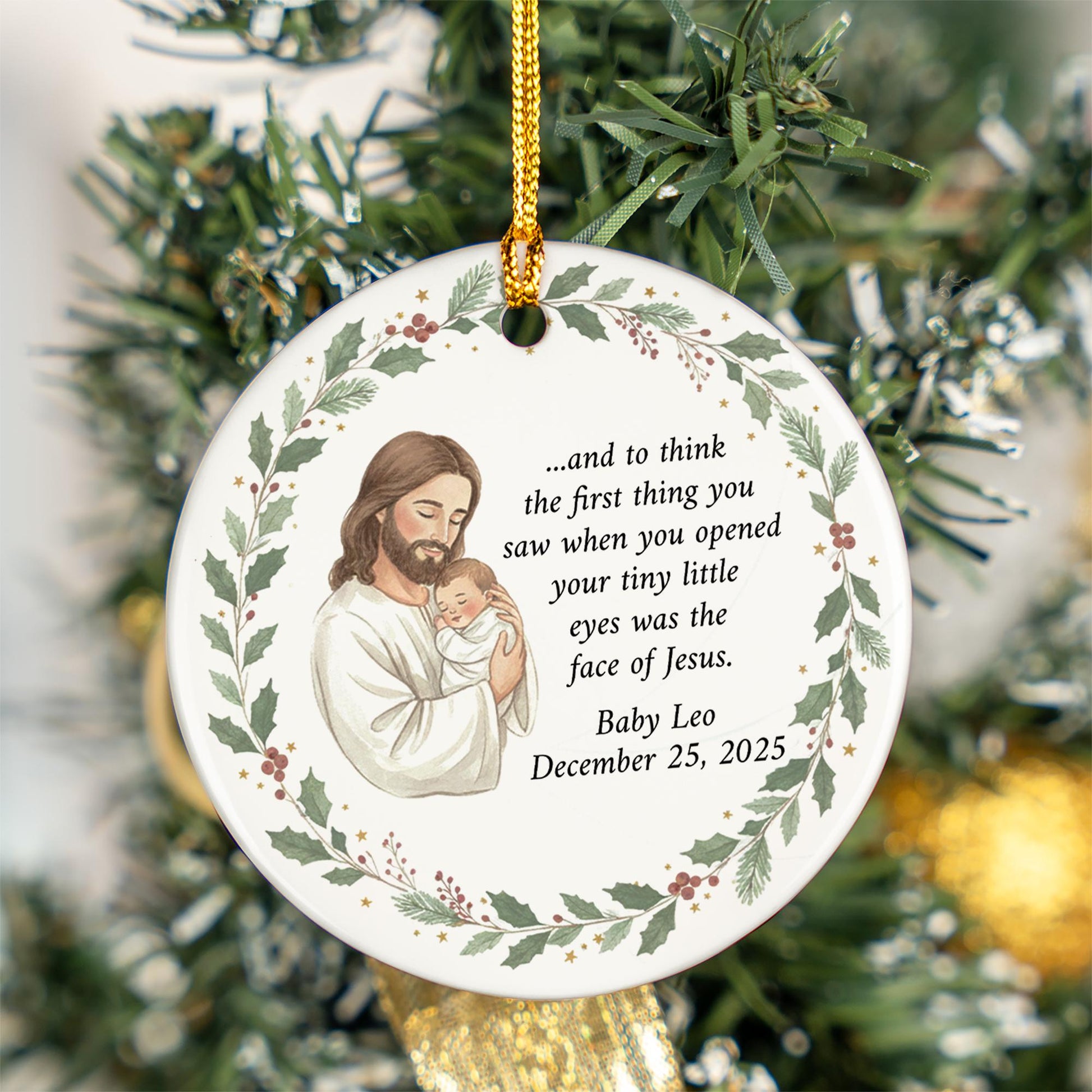 Personalized Memorial Ornament: Ceramic Round Christmas Keepsake with Baby and Jesus Artwork