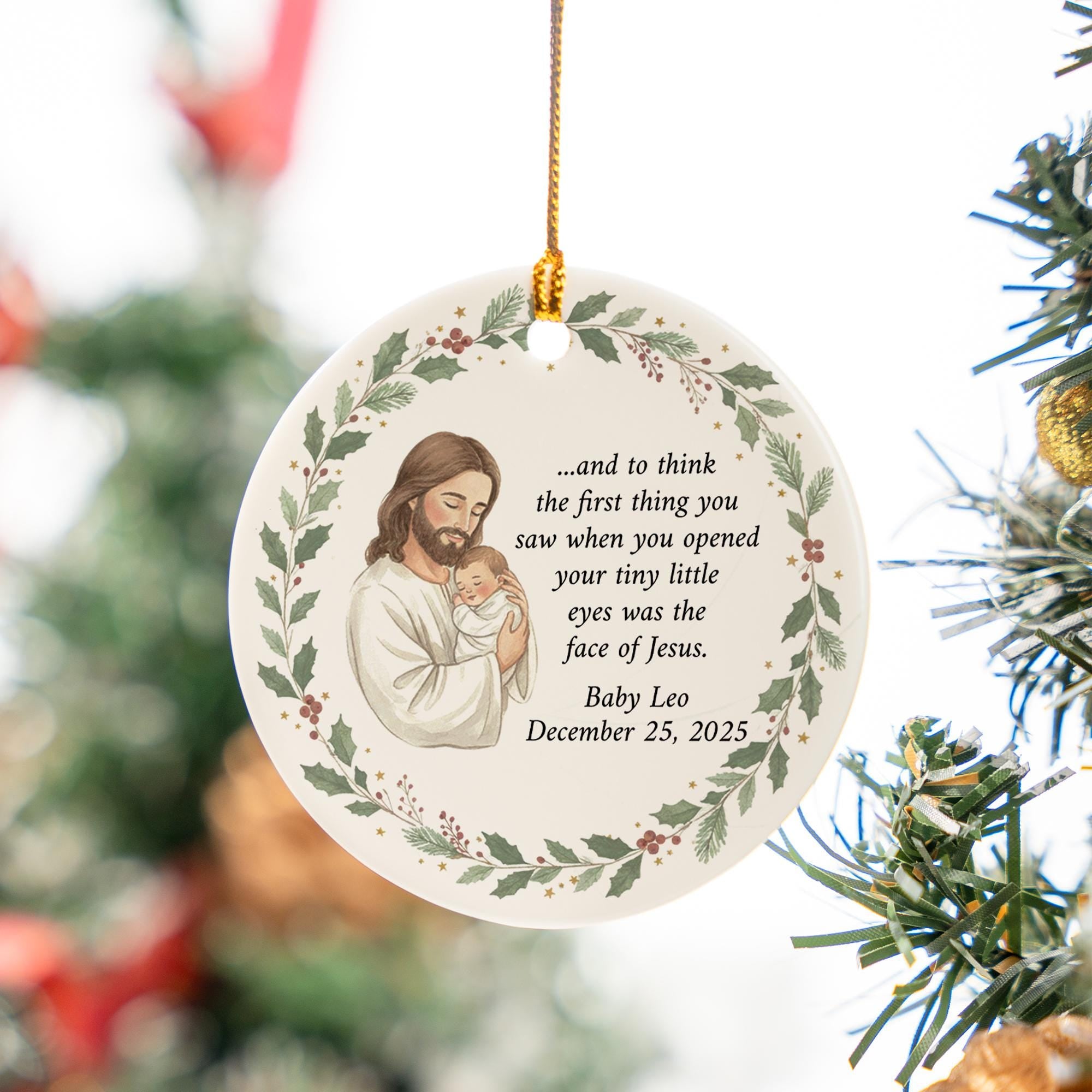 Personalized Memorial Ornament: Ceramic Round Christmas Keepsake with Baby and Jesus Artwork