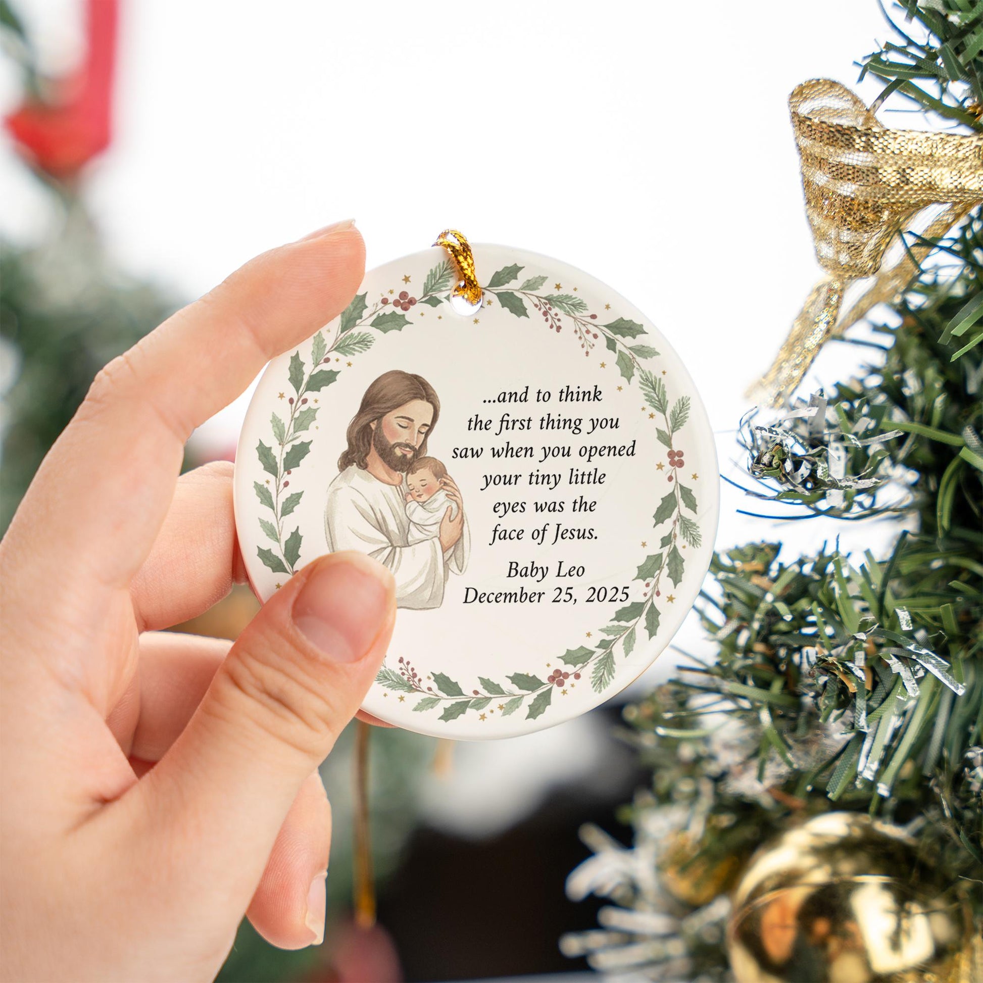 Personalized Memorial Ornament: Ceramic Round Christmas Keepsake with Baby and Jesus Artwork
