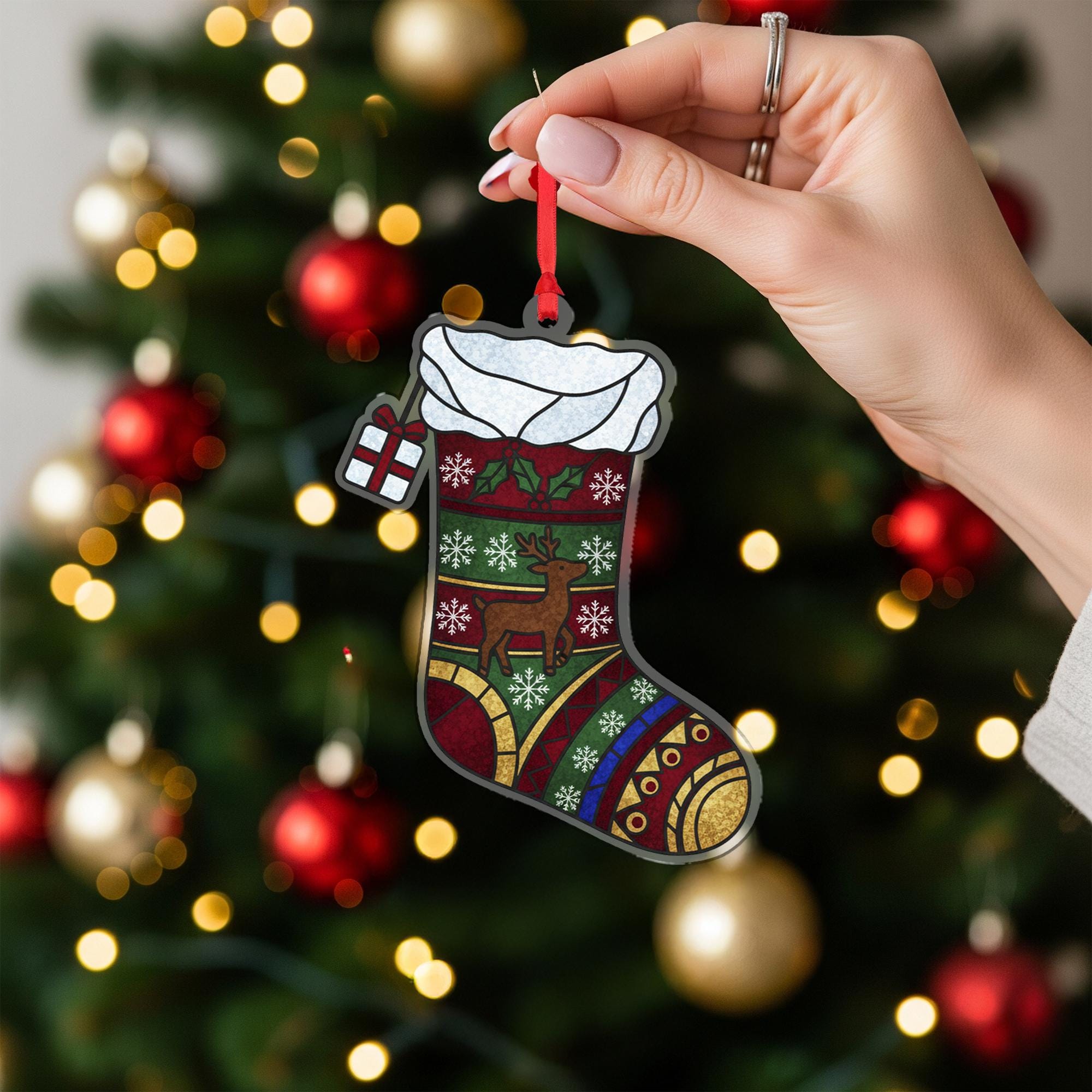 Christmas Stocking Ornament – Acrylic Hanging Decoration with Reindeer and Snowflake Design