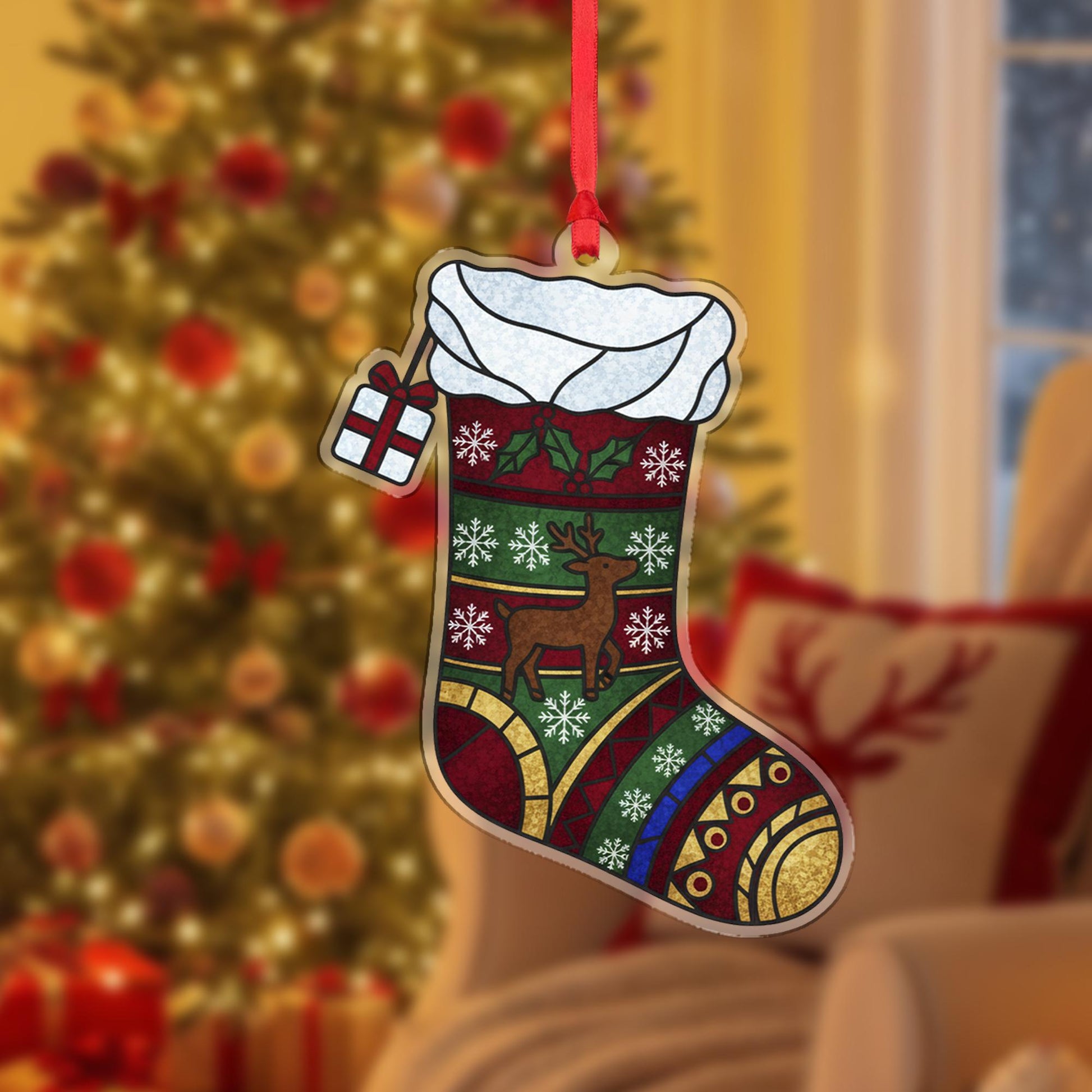 Christmas Stocking Ornament – Acrylic Hanging Decoration with Reindeer and Snowflake Design