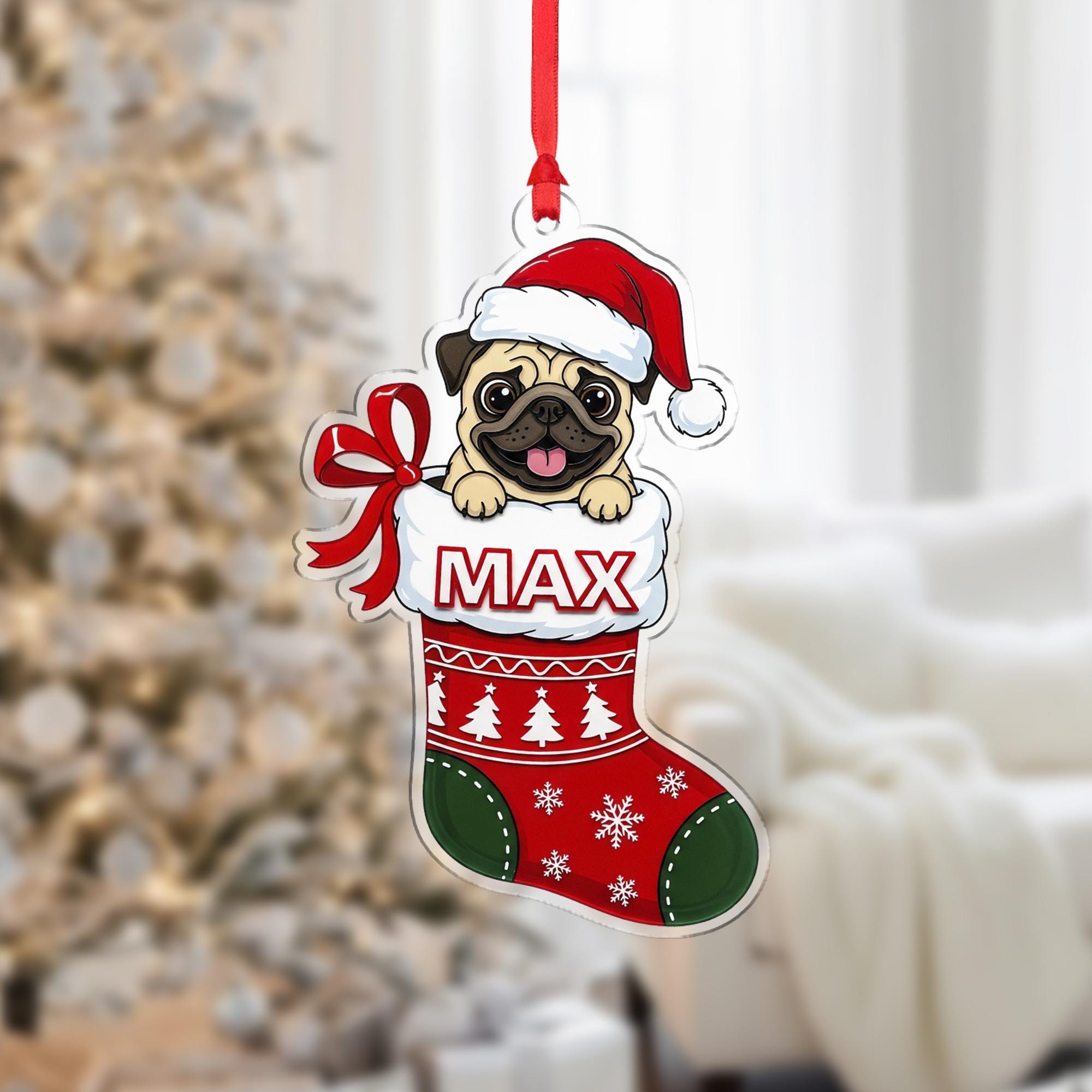 Personalized Pug Christmas Ornament – Custom Name Dog Stocking Decoration, Holiday Tree Keepsake