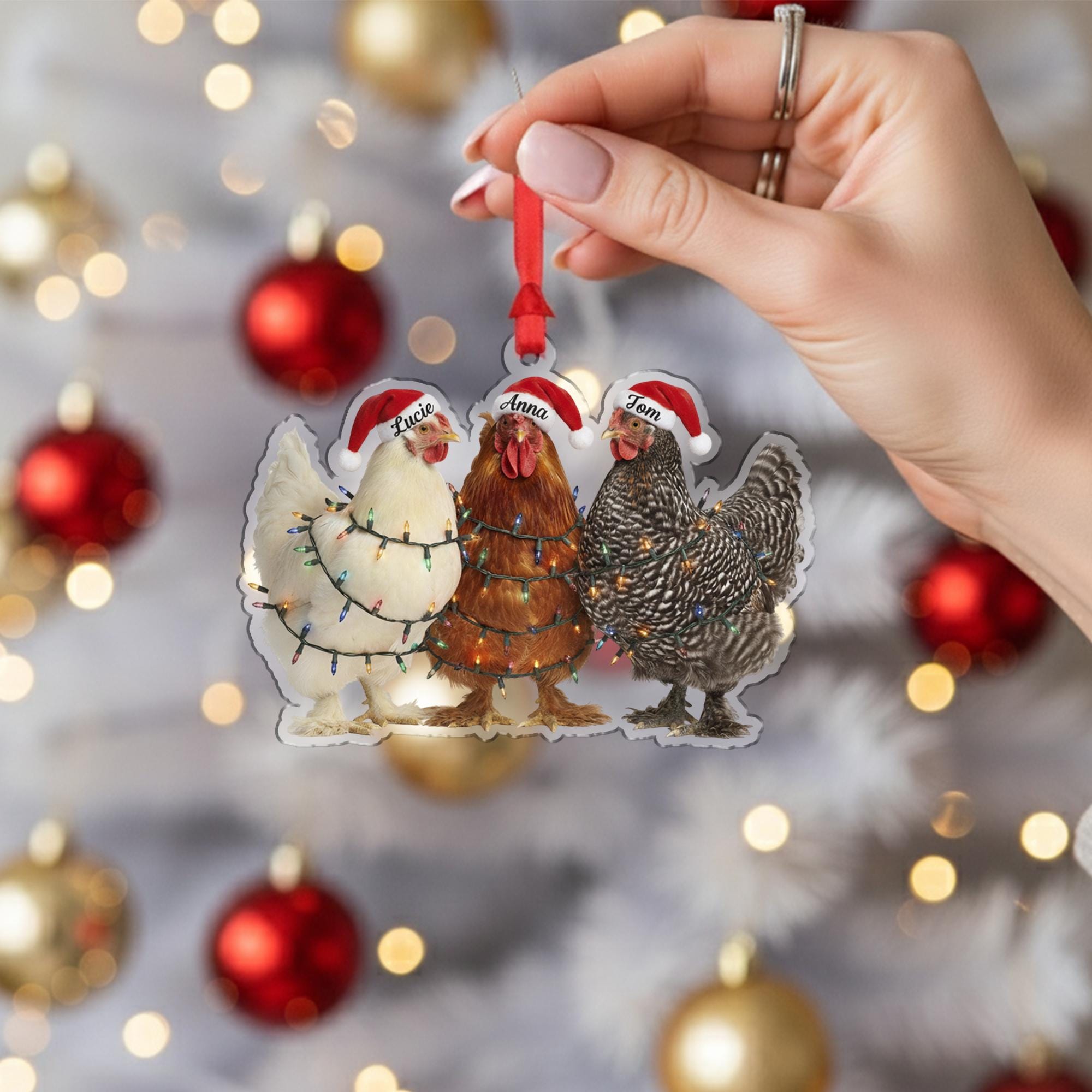 Christmas Ornament: Chickens with Santa Hats and Lights