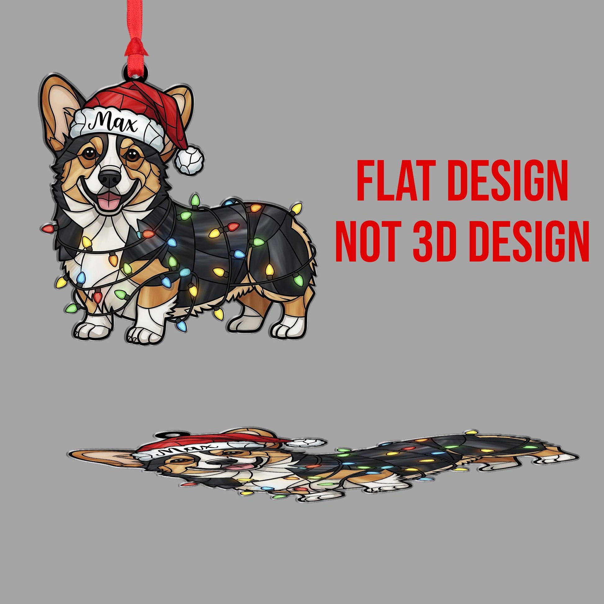 Personalized Corgi Ornament – Custom Dog Name, Santa Hat with Christmas Lights Decoration
