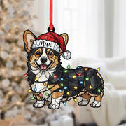 Personalized Corgi Ornament – Custom Dog Name, Santa Hat with Christmas Lights Decoration