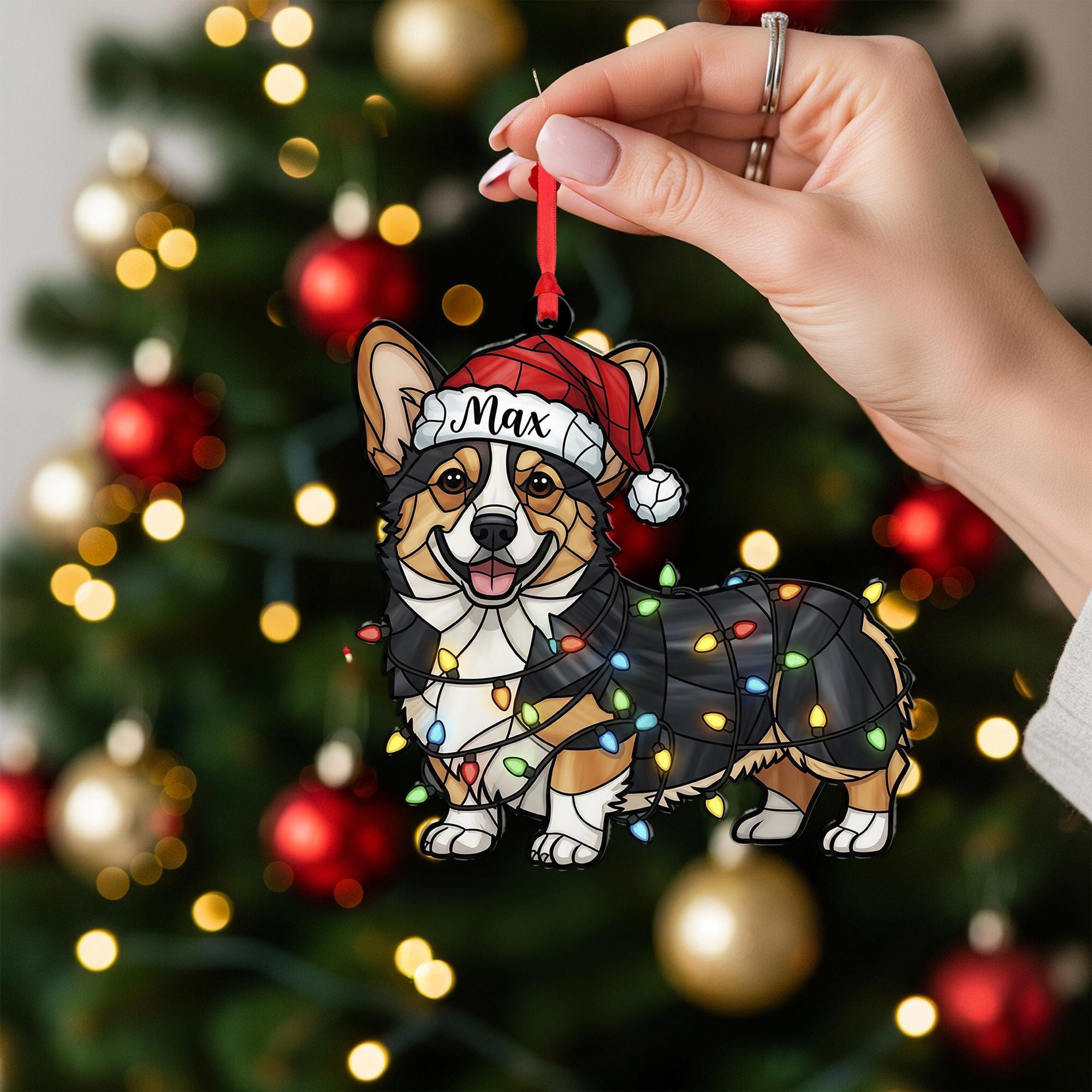 Personalized Corgi Ornament – Custom Dog Name, Santa Hat with Christmas Lights Decoration