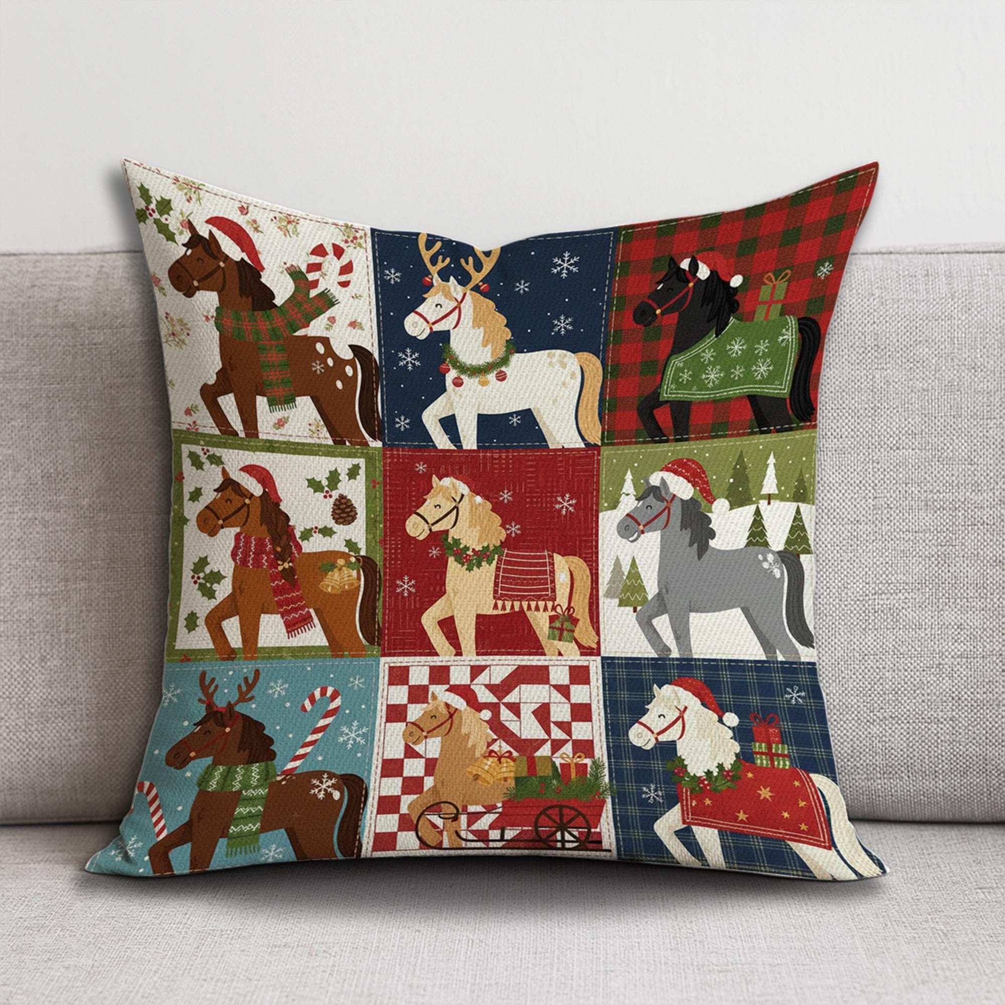 Christmas Horse Pillow – Farmhouse Holiday Cushion with Festive Winter Horse Design