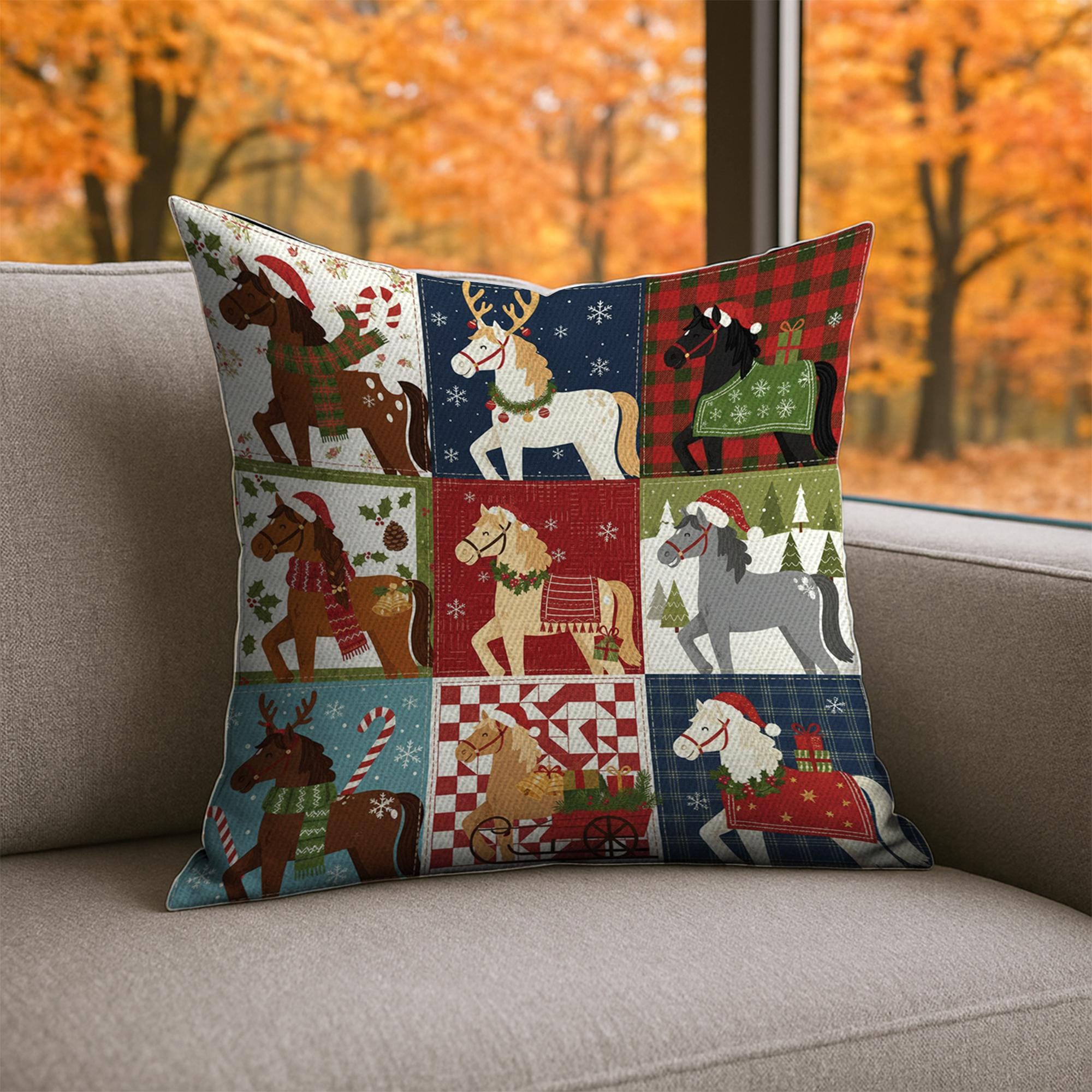 Christmas Horse Pillow – Farmhouse Holiday Cushion with Festive Winter Horse Design