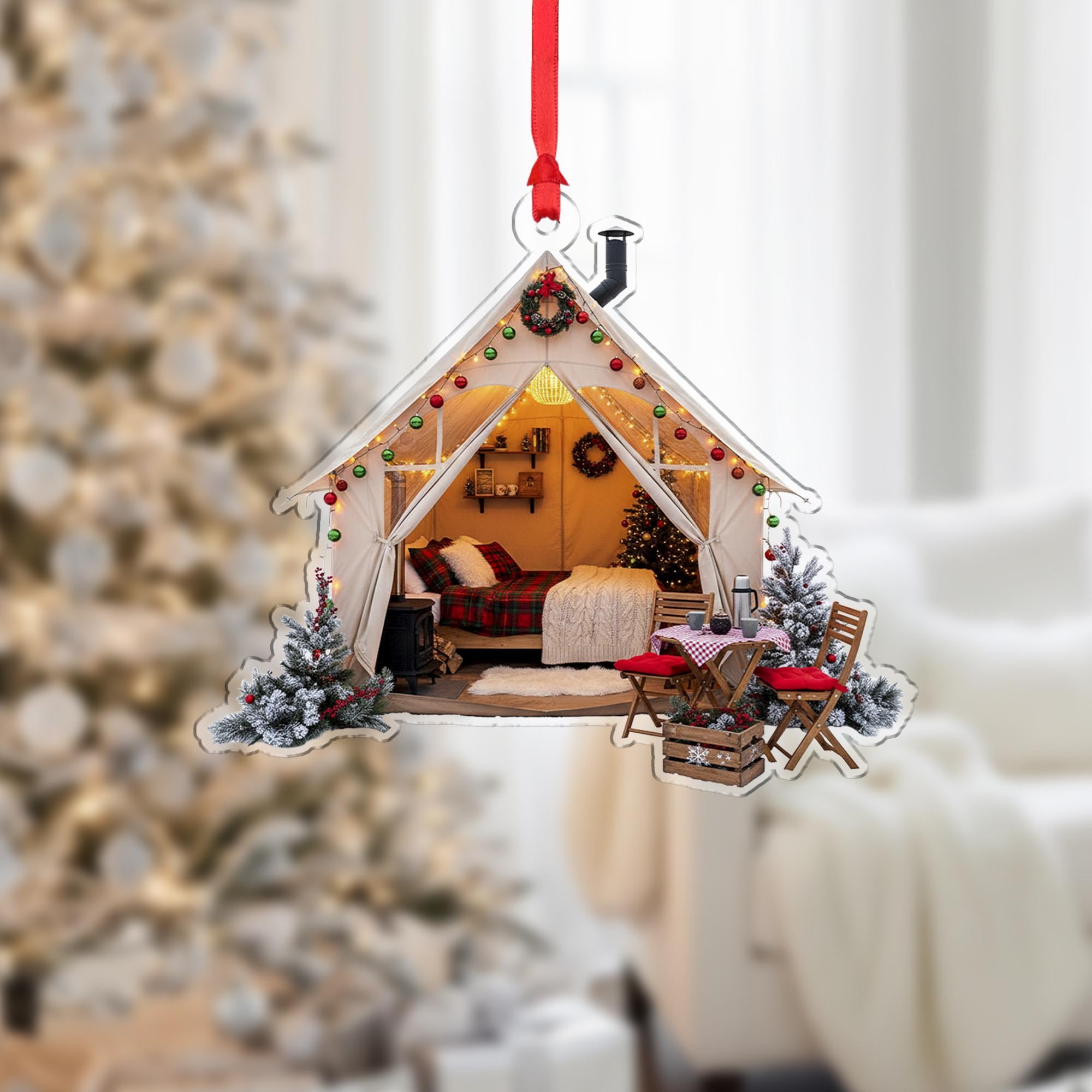 Cozy Glamping Tent Christmas Ornament: Rustic Cabin Holiday Decoration
