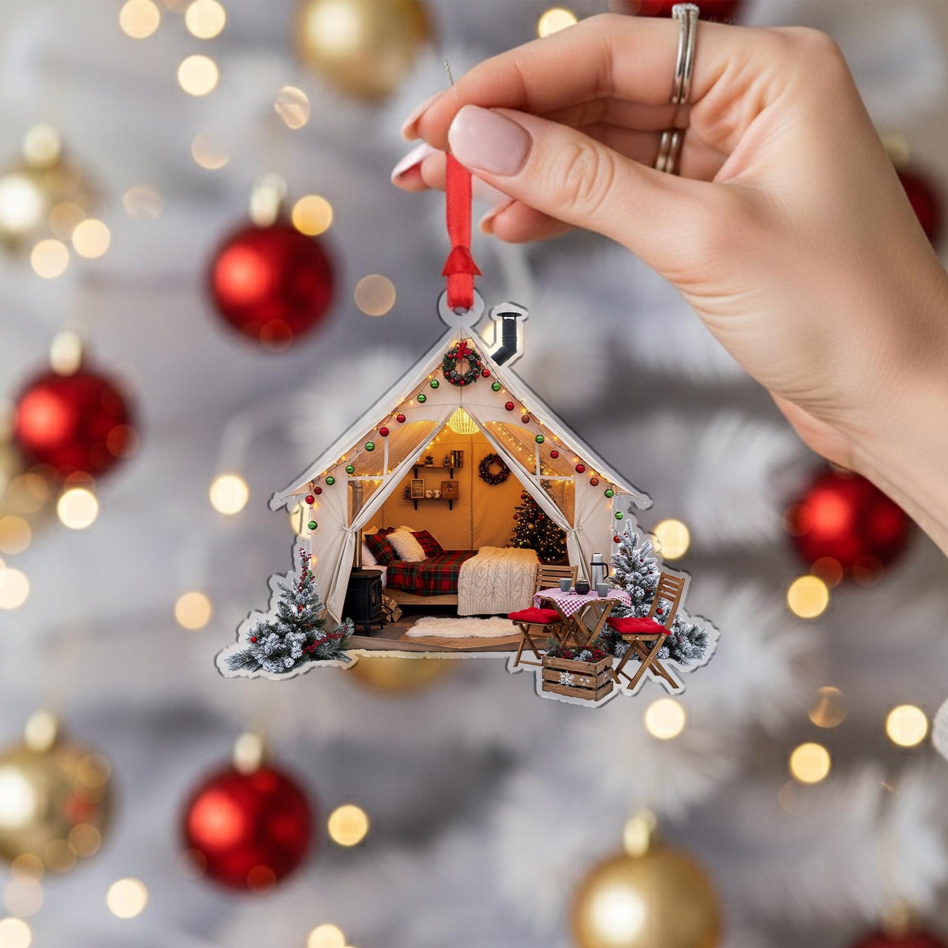 Cozy Glamping Tent Christmas Ornament: Rustic Cabin Holiday Decoration