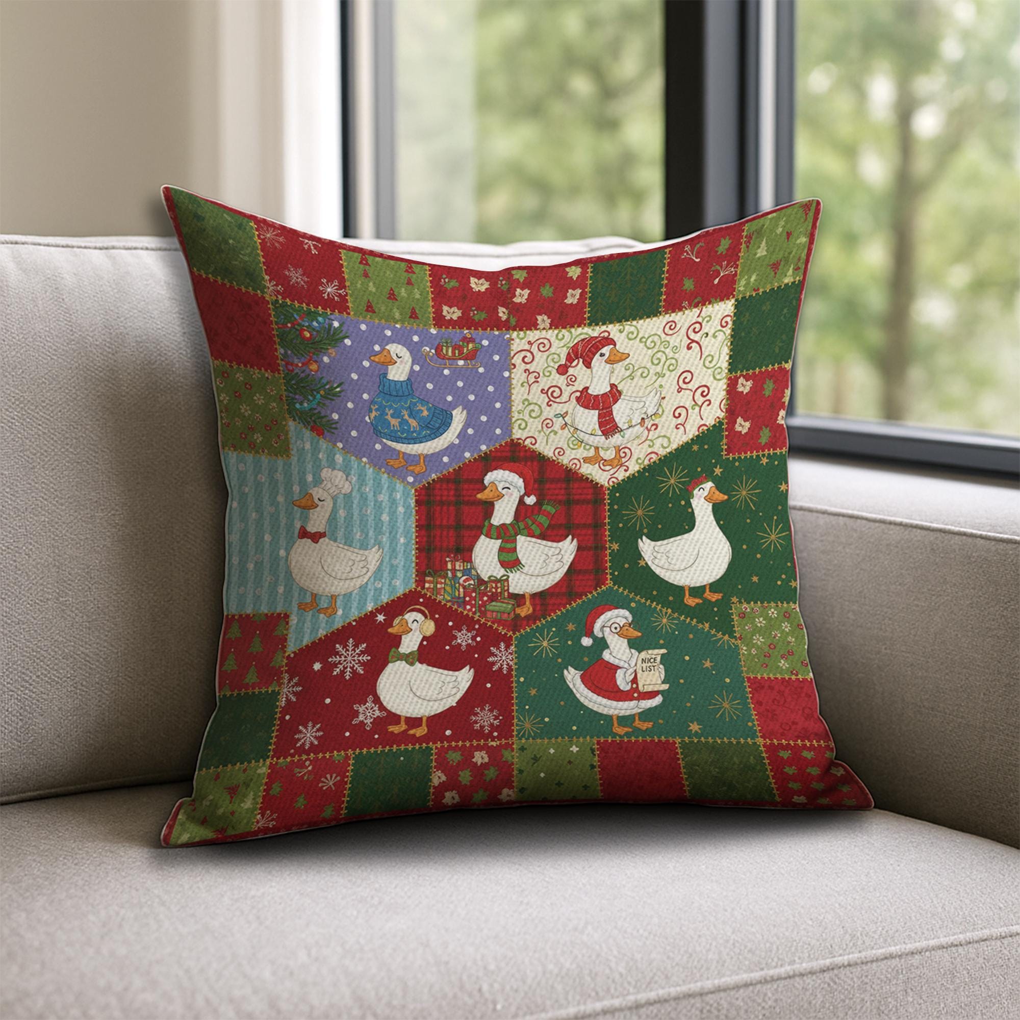Christmas Goose Pillow – Farmhouse Holiday Cushion with Festive Winter Goose Design