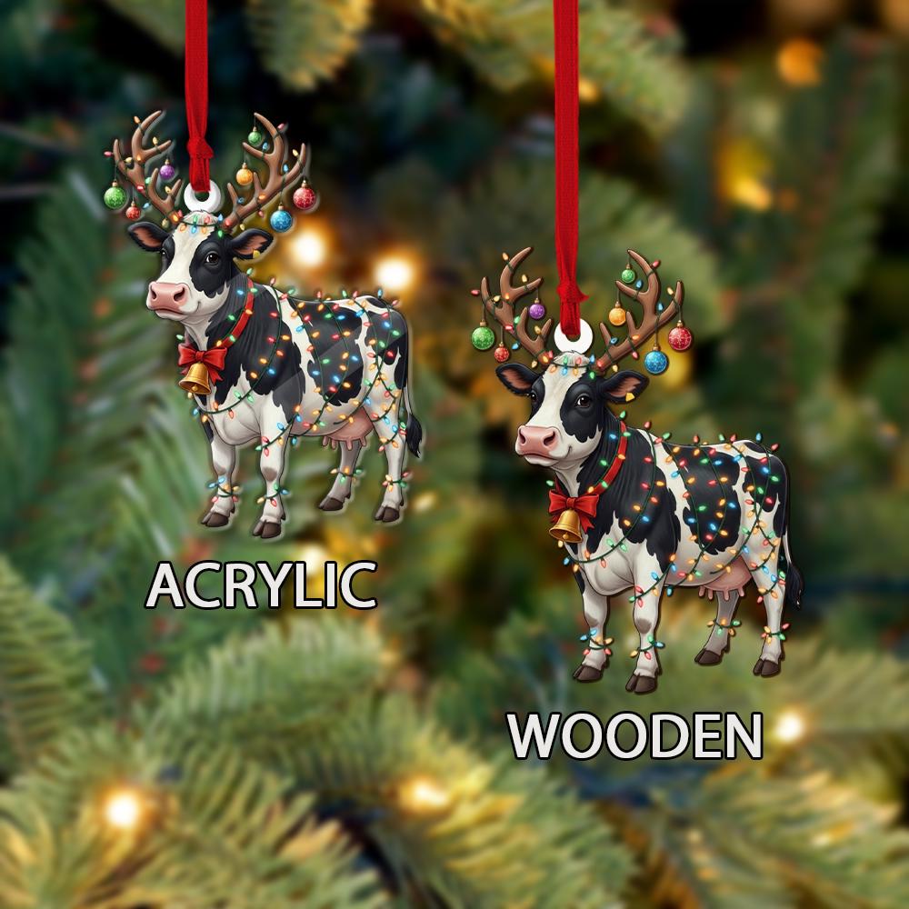 Cow Christmas Ornament – Farm Animal with Antlers and Holiday Lights Decoration