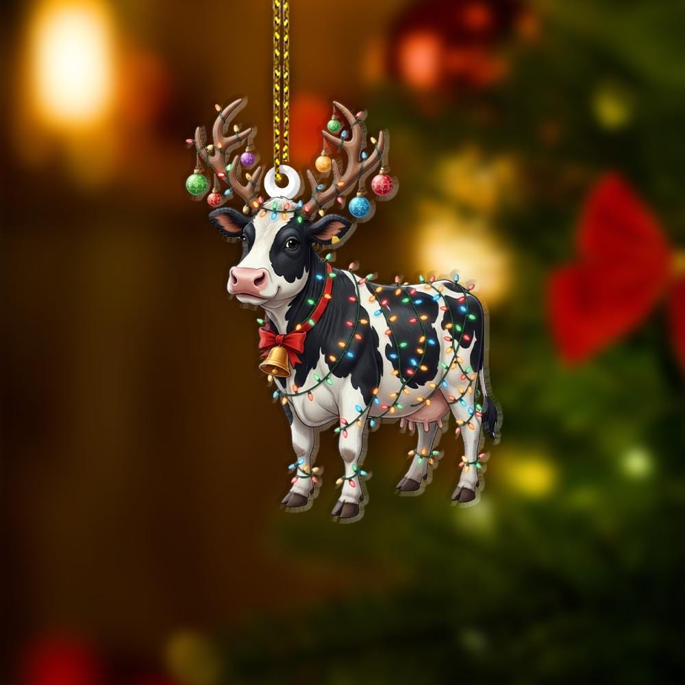 Cow Christmas Ornament – Farm Animal with Antlers and Holiday Lights Decoration
