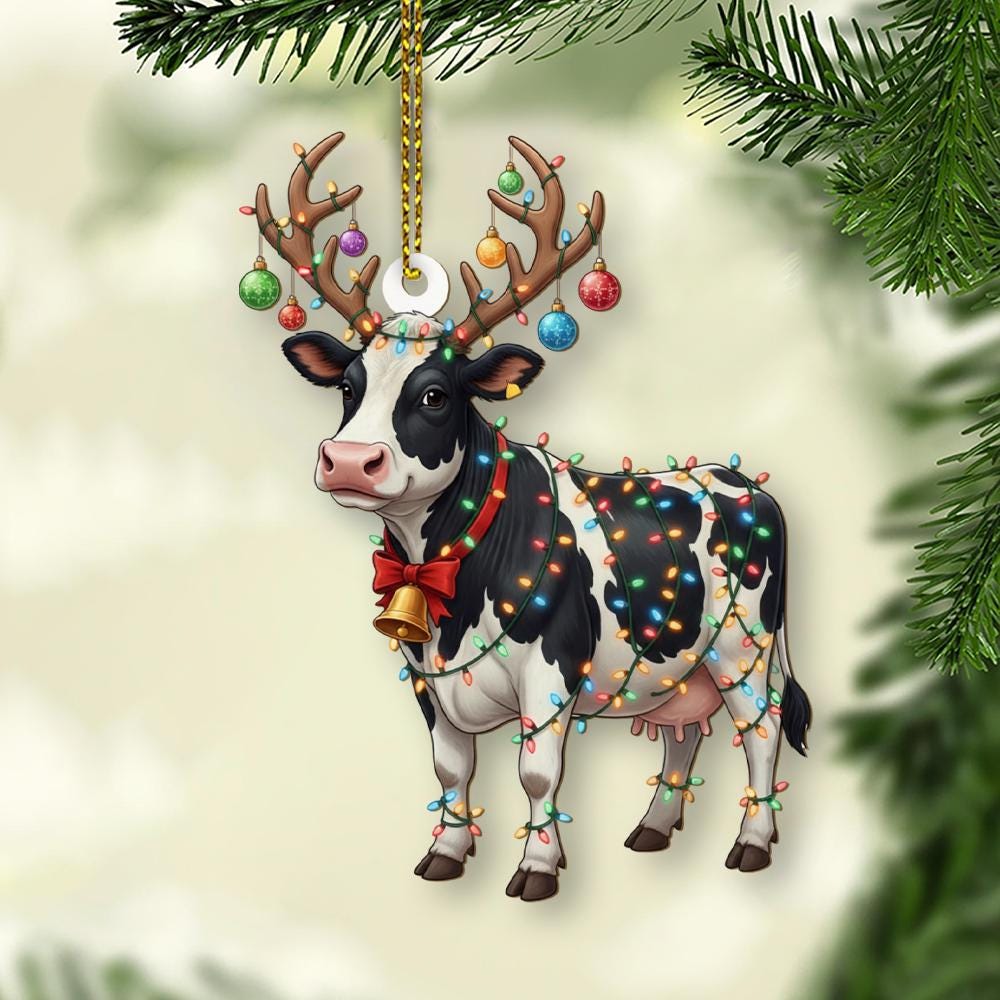 Cow Christmas Ornament – Farm Animal with Antlers and Holiday Lights Decoration