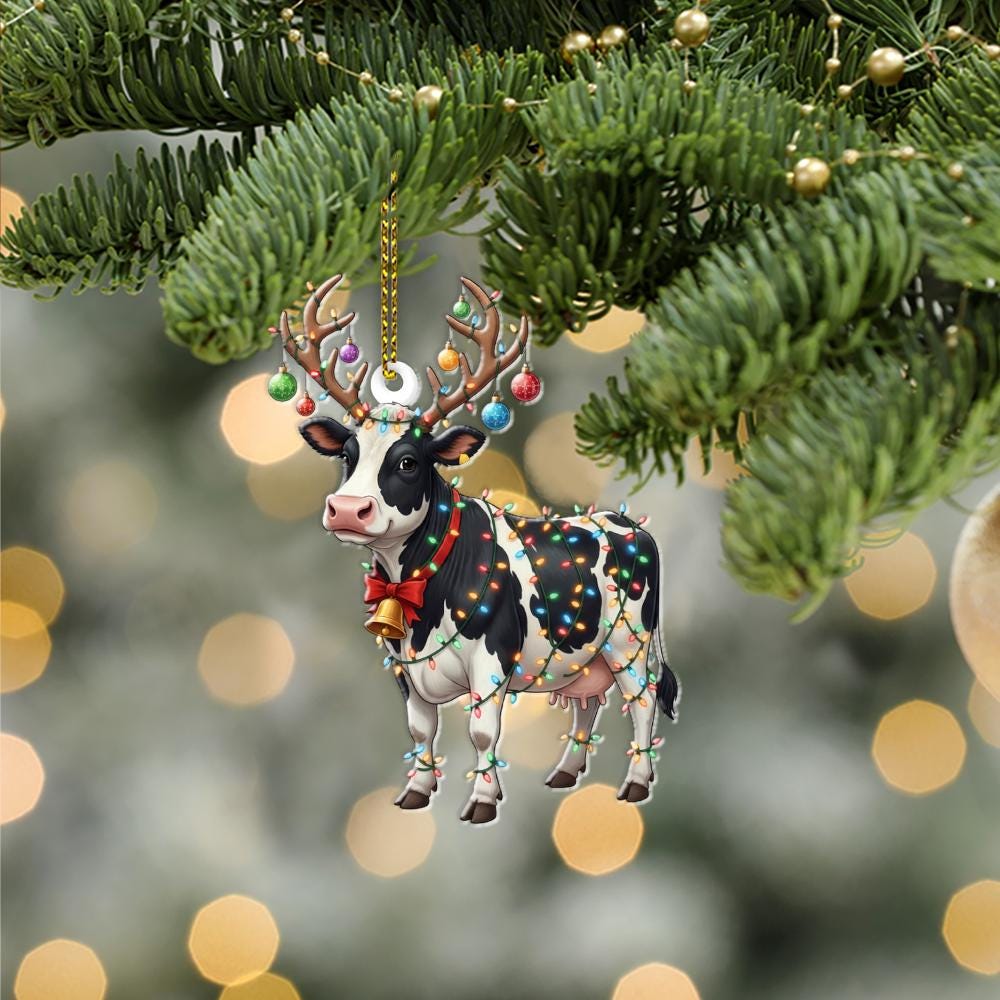 Cow Christmas Ornament – Farm Animal with Antlers and Holiday Lights Decoration