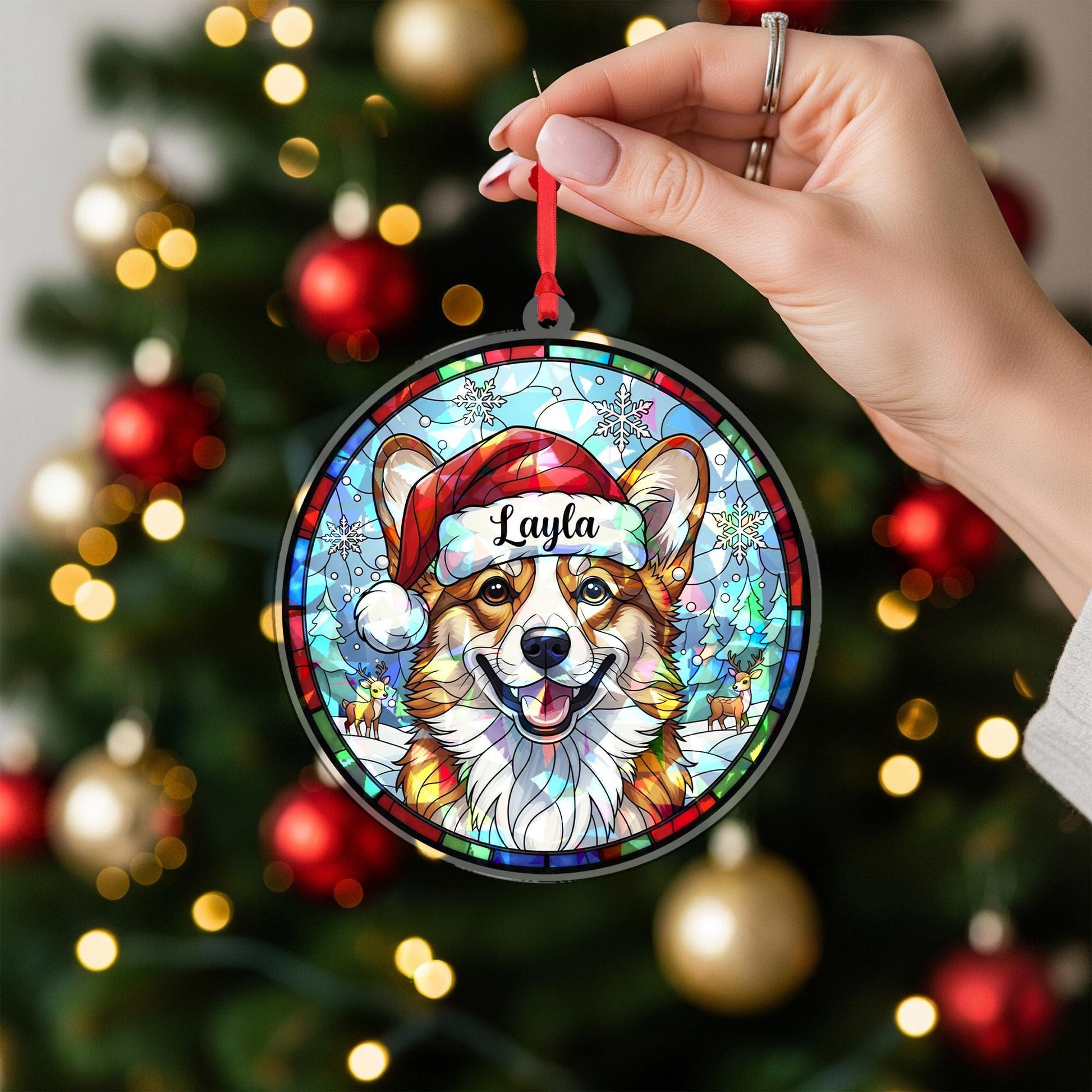 Personalized Corgi Christmas Ornament – Custom Dog Name, Stained Glass Style Decoration