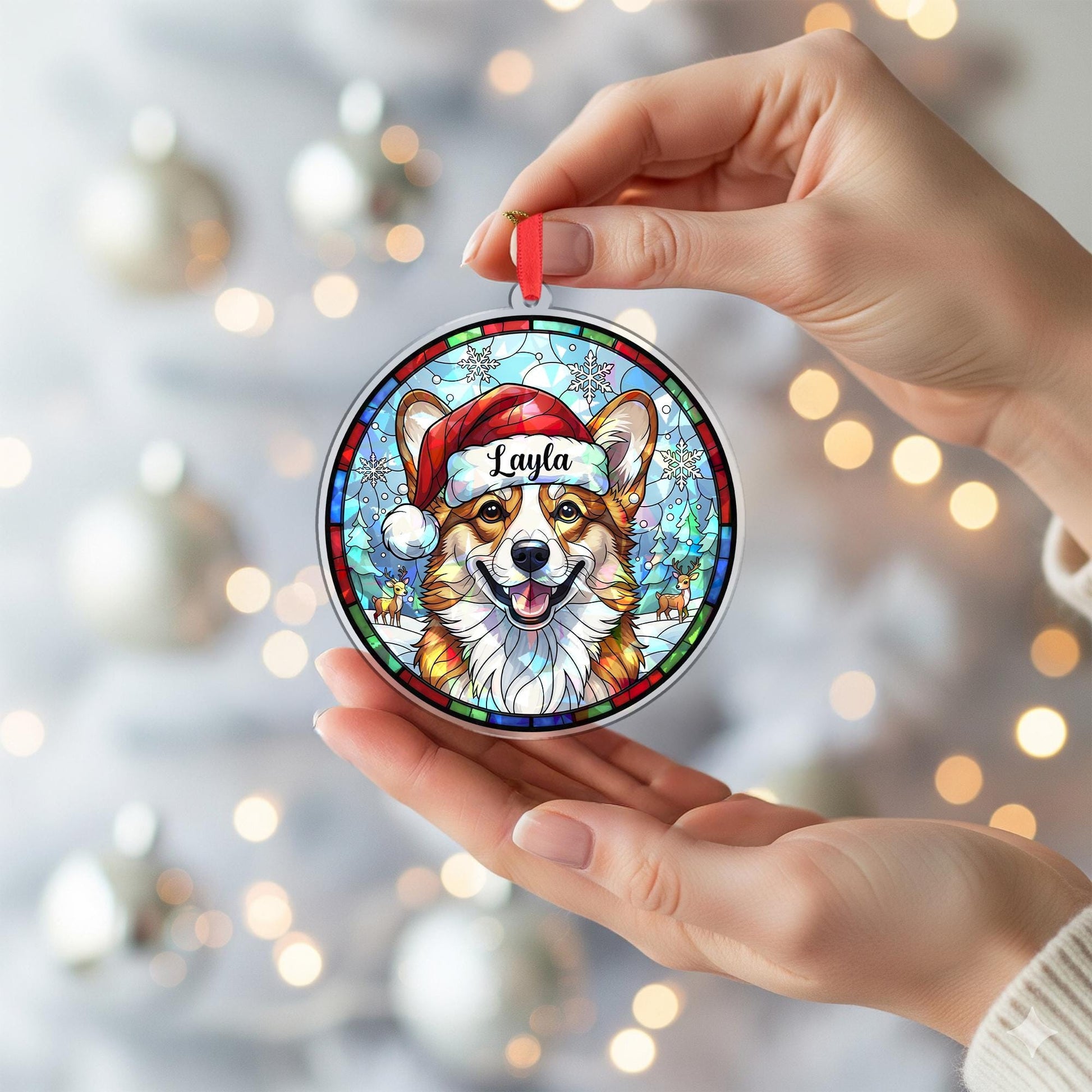 Personalized Corgi Christmas Ornament – Custom Dog Name, Stained Glass Style Decoration