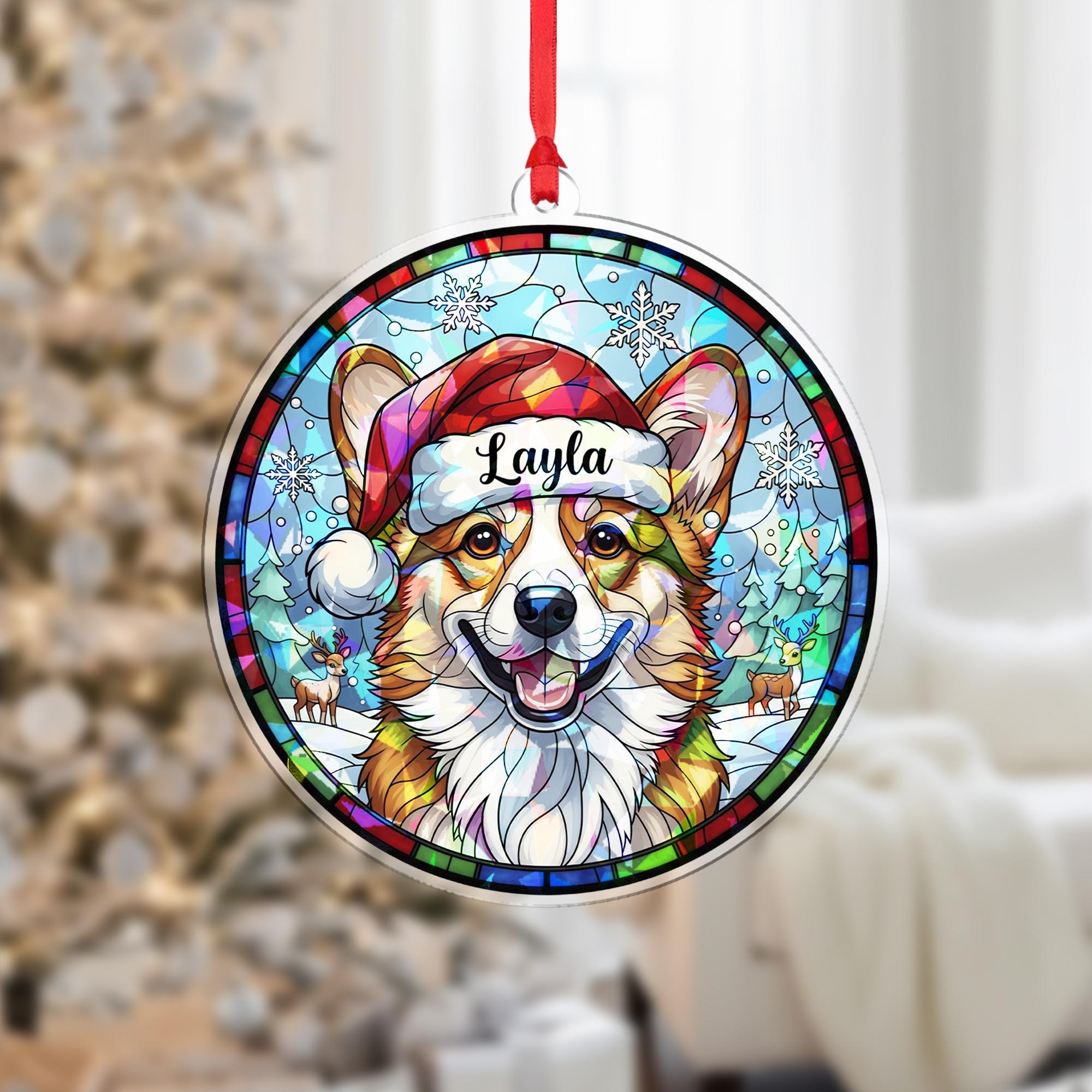 Personalized Corgi Christmas Ornament – Custom Dog Name, Stained Glass Style Decoration