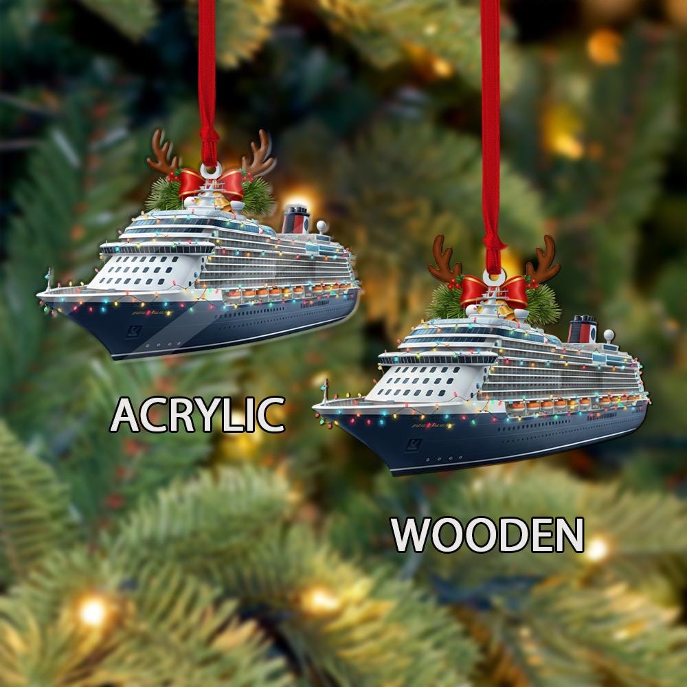 Cruise Ship Ornament – Ocean Liner with Christmas Lights and Antlers Decoration