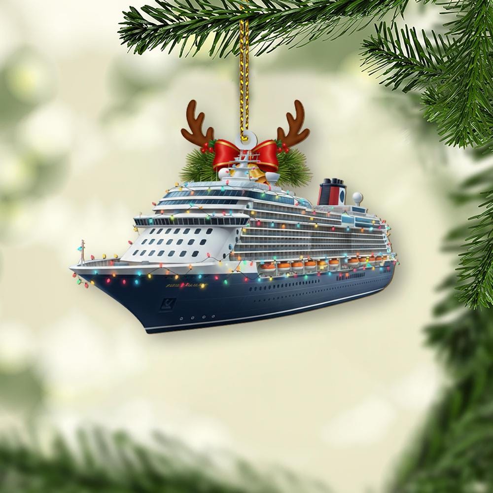 Cruise Ship Ornament – Ocean Liner with Christmas Lights and Antlers Decoration