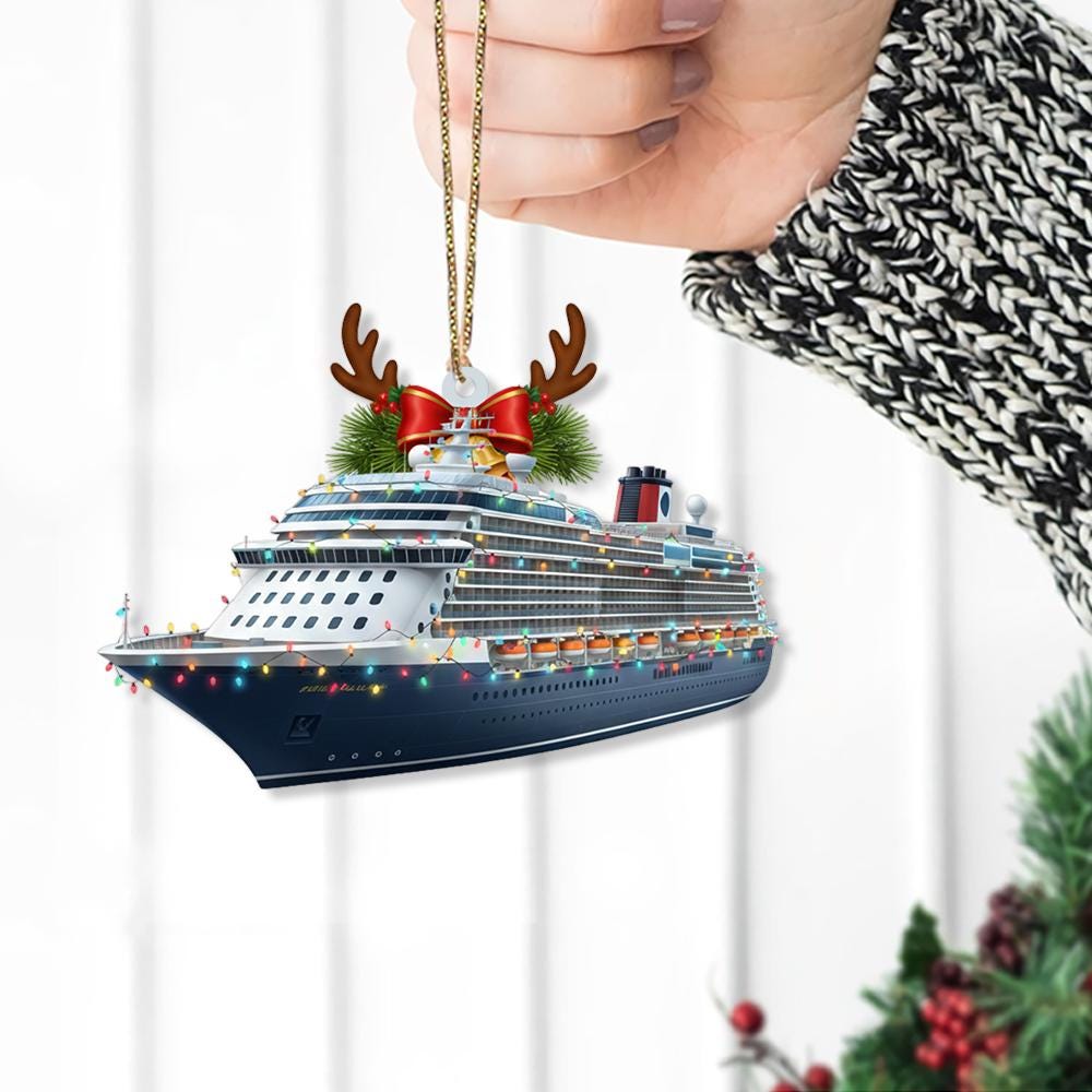 Cruise Ship Ornament – Ocean Liner with Christmas Lights and Antlers Decoration