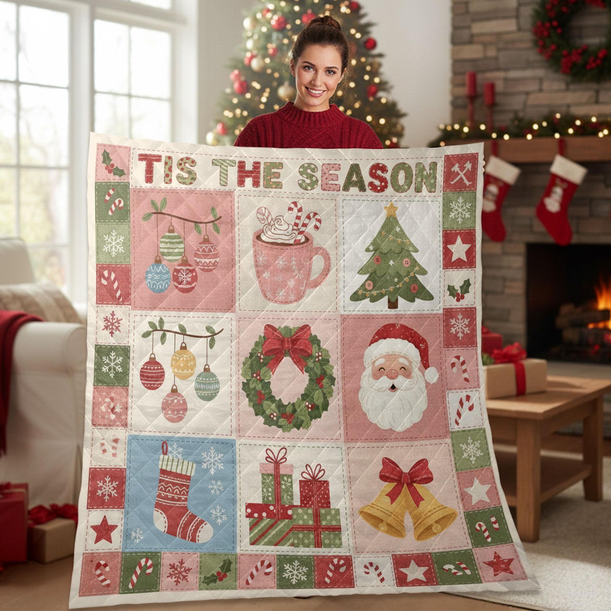 Christmas Quilt Blanket – Patchwork Throw, Ornaments Tree Wreath Santa, Printed