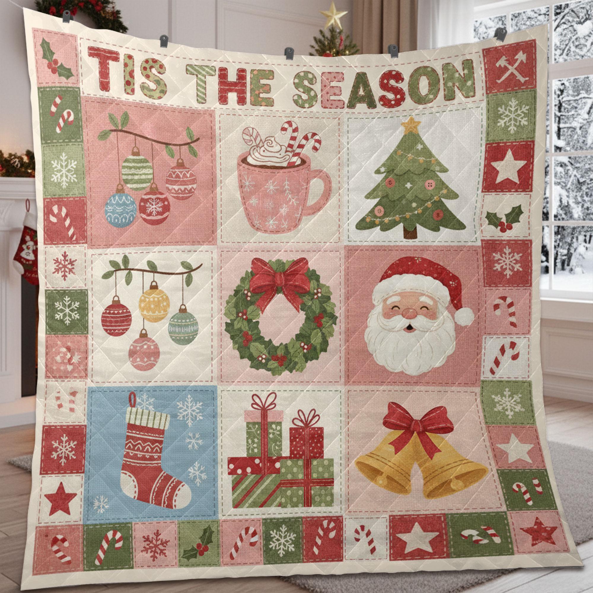 Christmas Quilt Blanket – Patchwork Throw, Ornaments Tree Wreath Santa, Printed