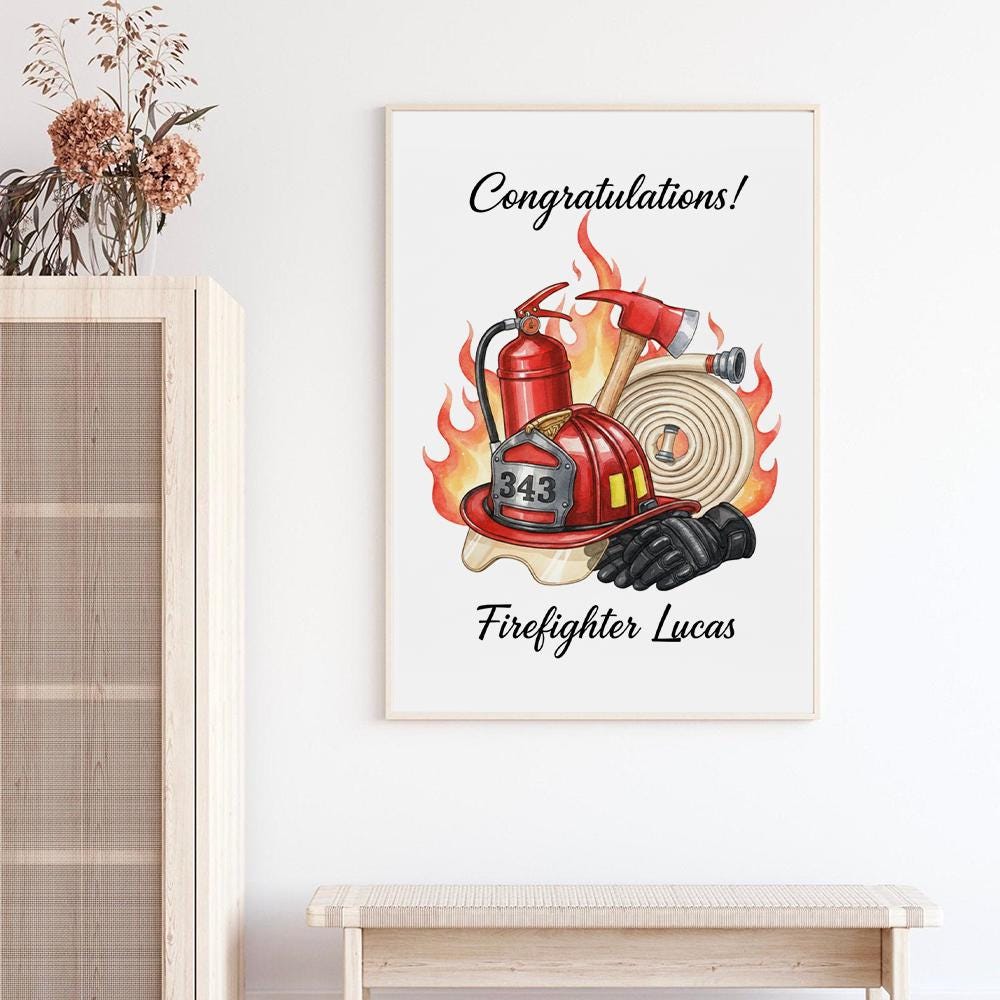Personalized Poster – Firefighter Gear with Helmet Hose and Axe Print