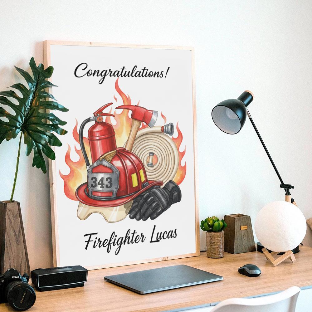 Personalized Poster – Firefighter Gear with Helmet Hose and Axe Print