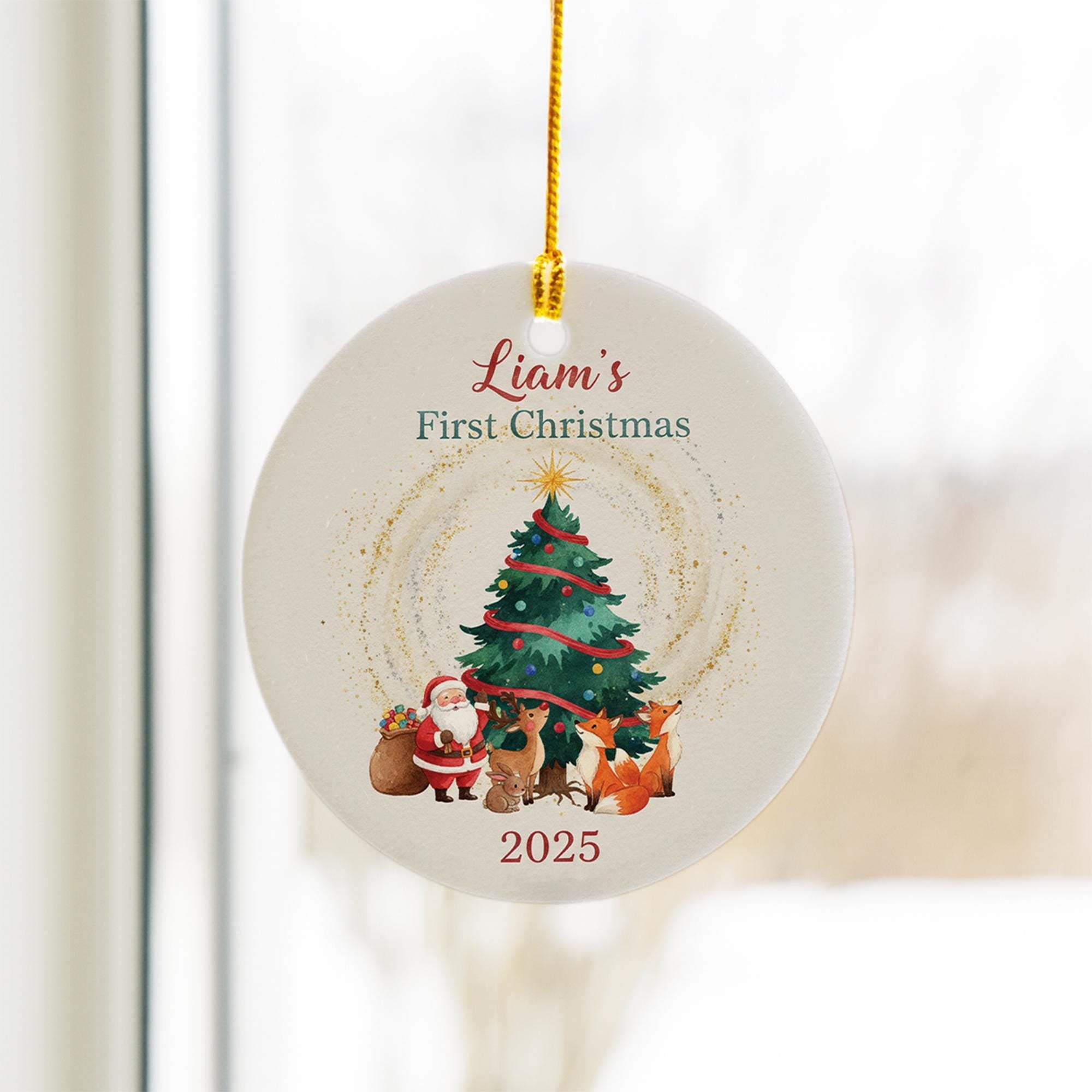 Baby’s First Christmas Ornament 2025: Personalized Santa and Woodland Animals Ceramic Ornament Gift