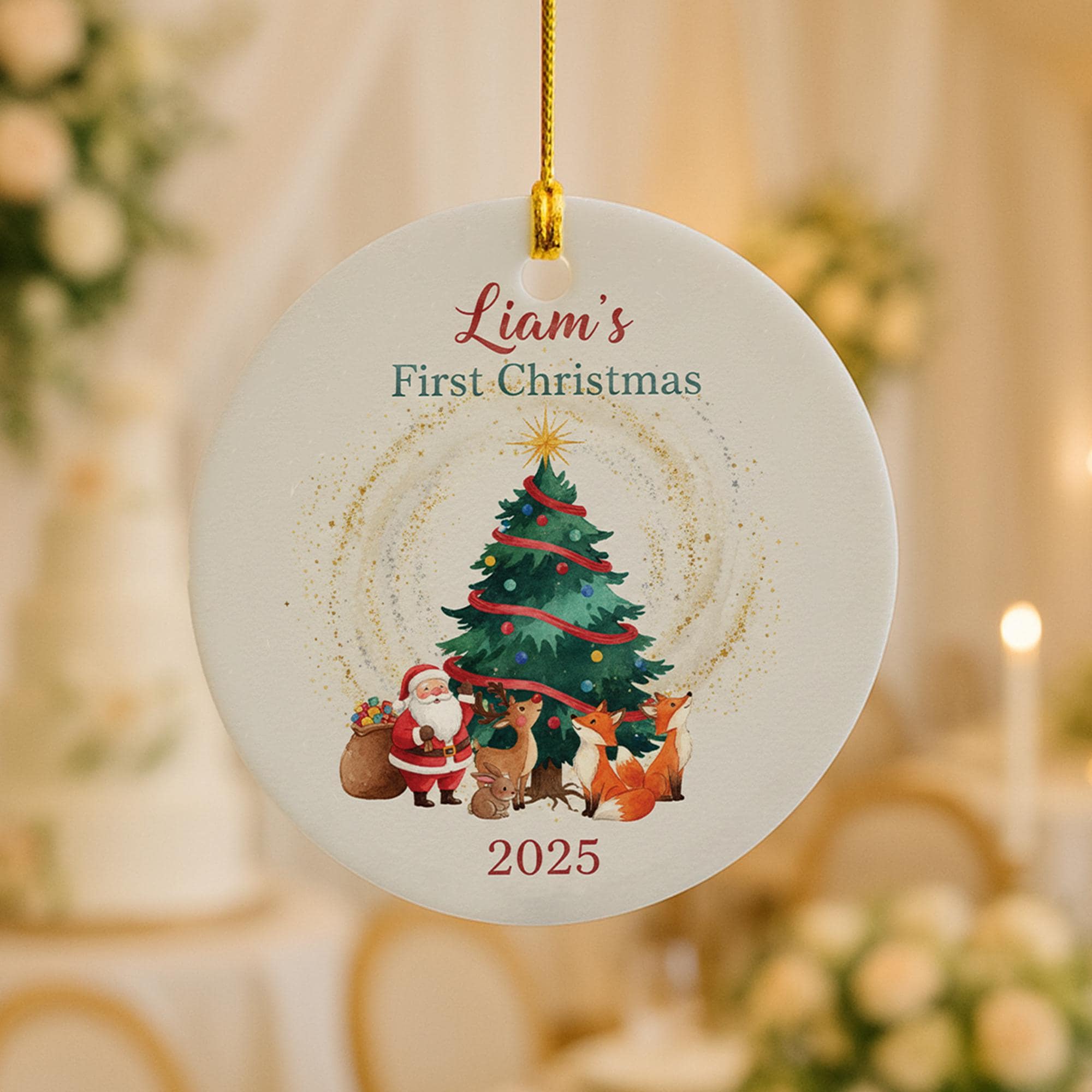 Baby’s First Christmas Ornament 2025: Personalized Santa and Woodland Animals Ceramic Ornament Gift