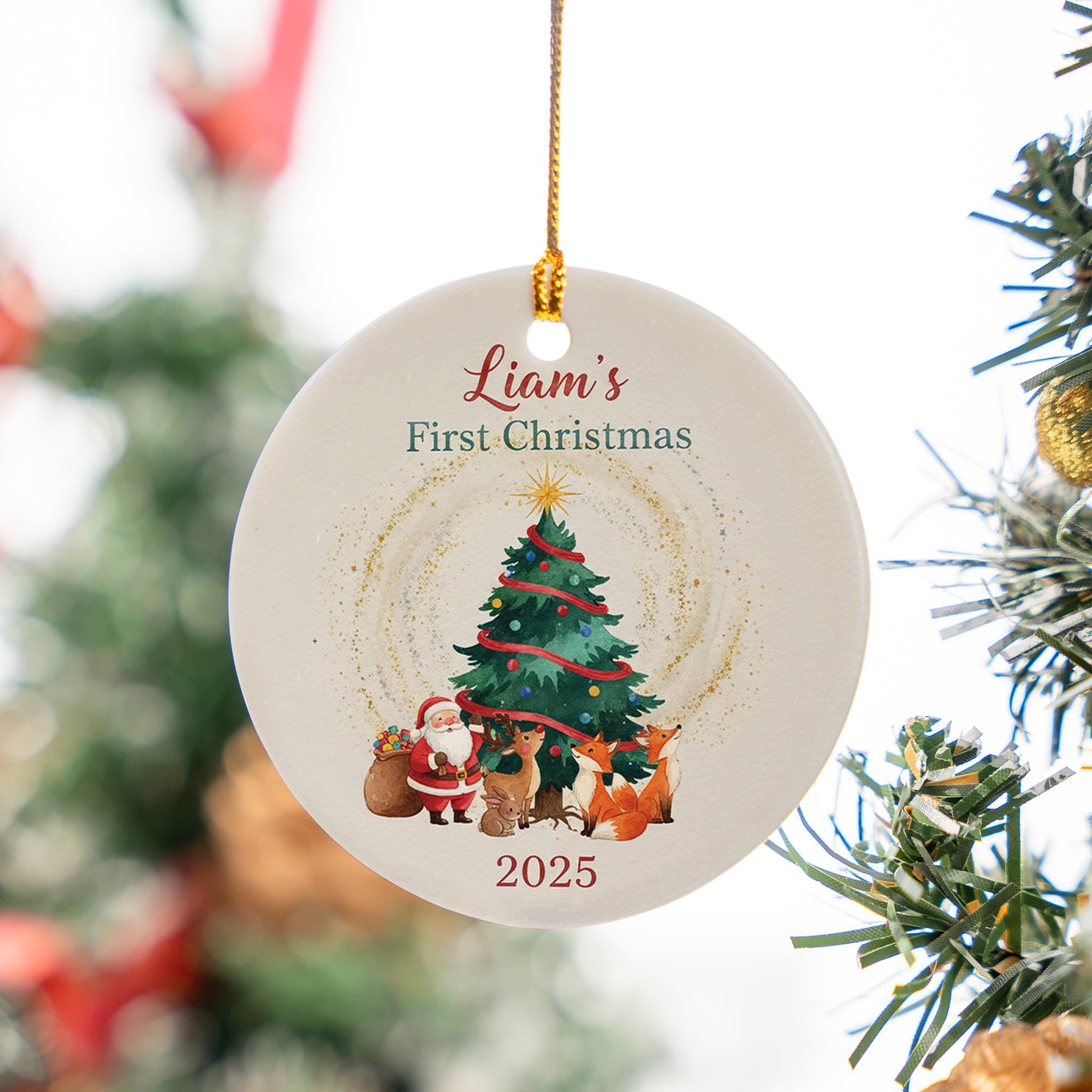 Baby’s First Christmas Ornament 2025: Personalized Santa and Woodland Animals Ceramic Ornament Gift