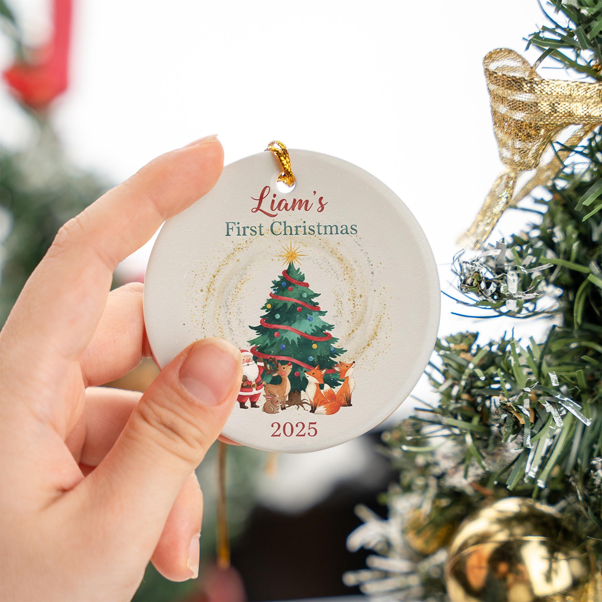 Baby’s First Christmas Ornament 2025: Personalized Santa and Woodland Animals Ceramic Ornament Gift