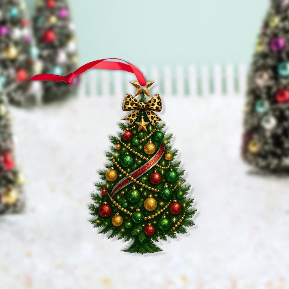 Christmas Tree Ornament with Leopard Bow, Hanging Holiday Decoration, Green Red Gold Bauble Design