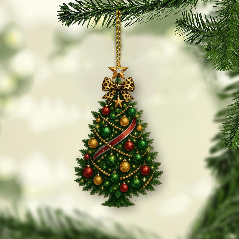 Christmas Tree Ornament with Leopard Bow, Hanging Holiday Decoration, Green Red Gold Bauble Design