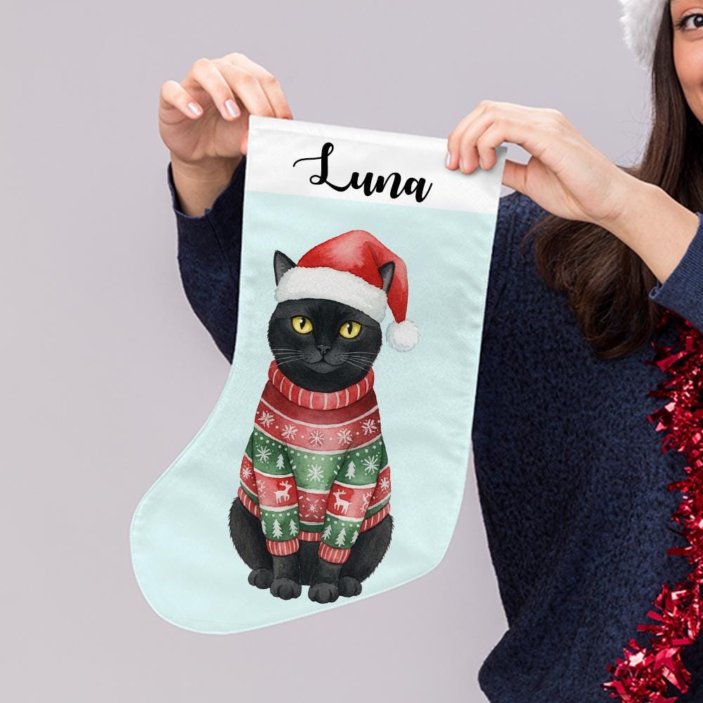 Personalized Pet Christmas Stocking: Black Cat in Santa Hat