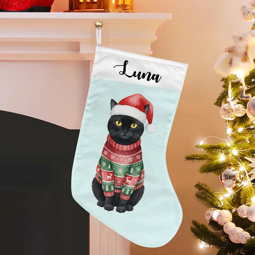 Personalized Pet Christmas Stocking: Black Cat in Santa Hat