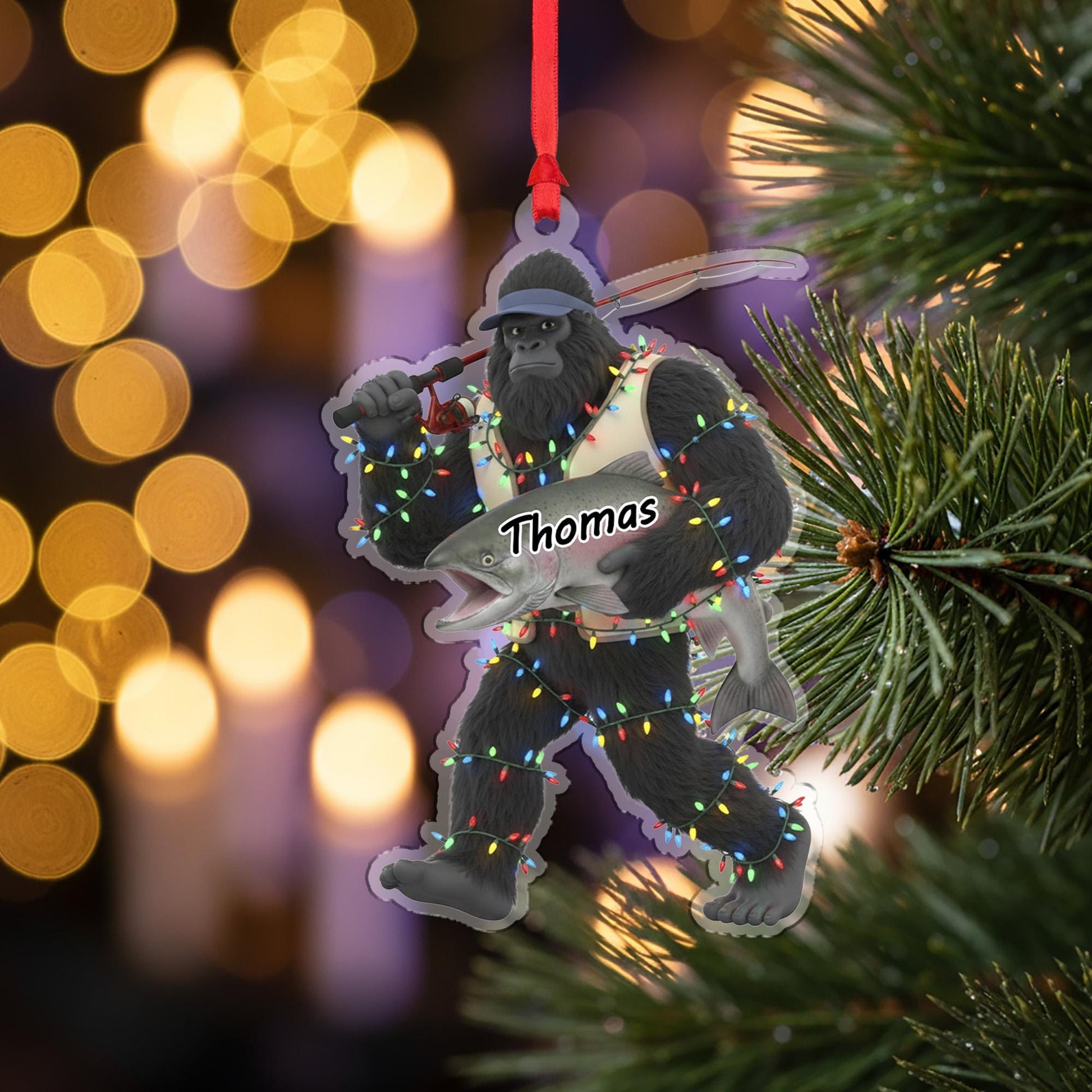 Personalized Sasquatch Bigfoot Fisherman Acrylic Ornament: Funny Fishing Christmas Decor