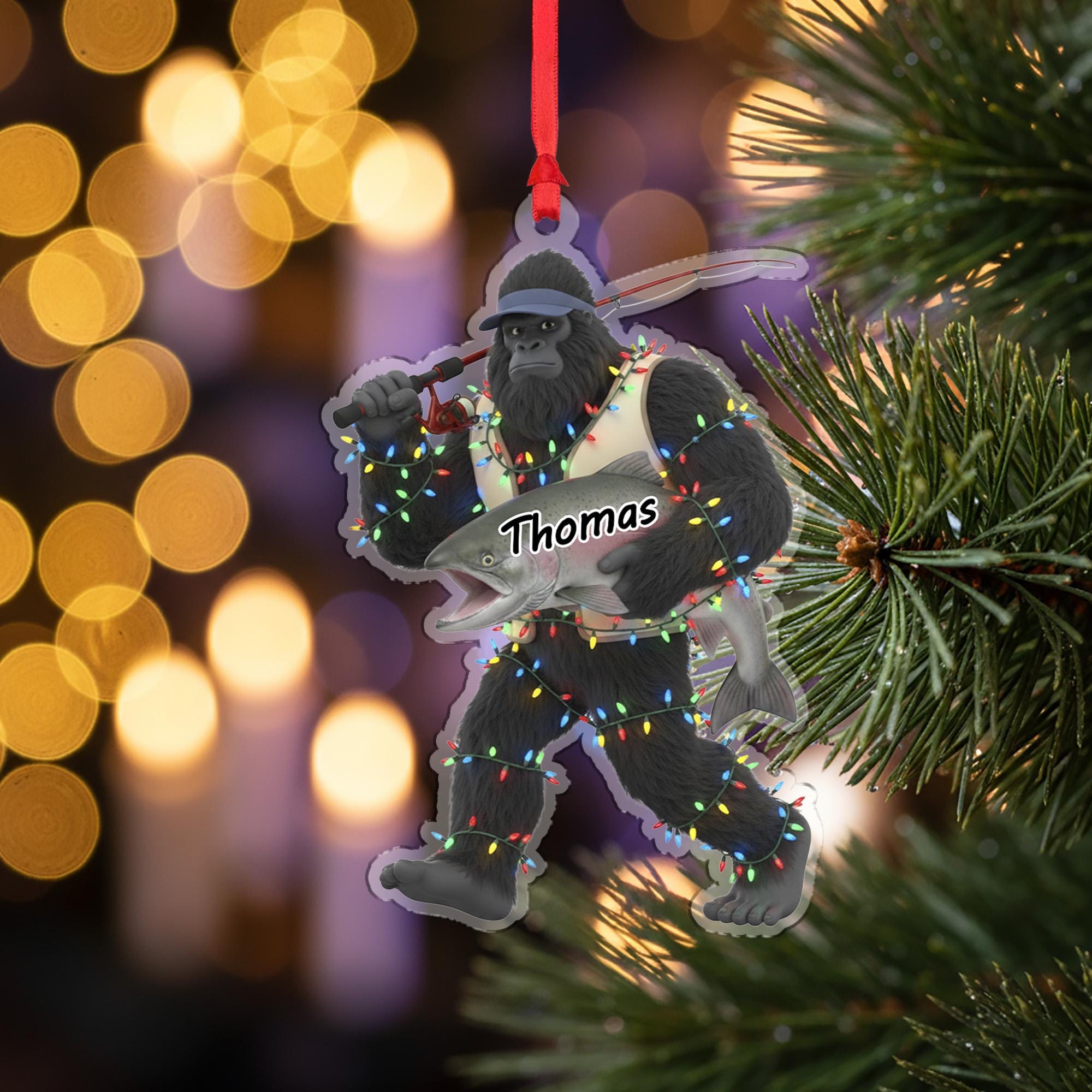 Personalized Sasquatch Bigfoot Fisherman Acrylic Ornament: Funny Fishing Christmas Decor
