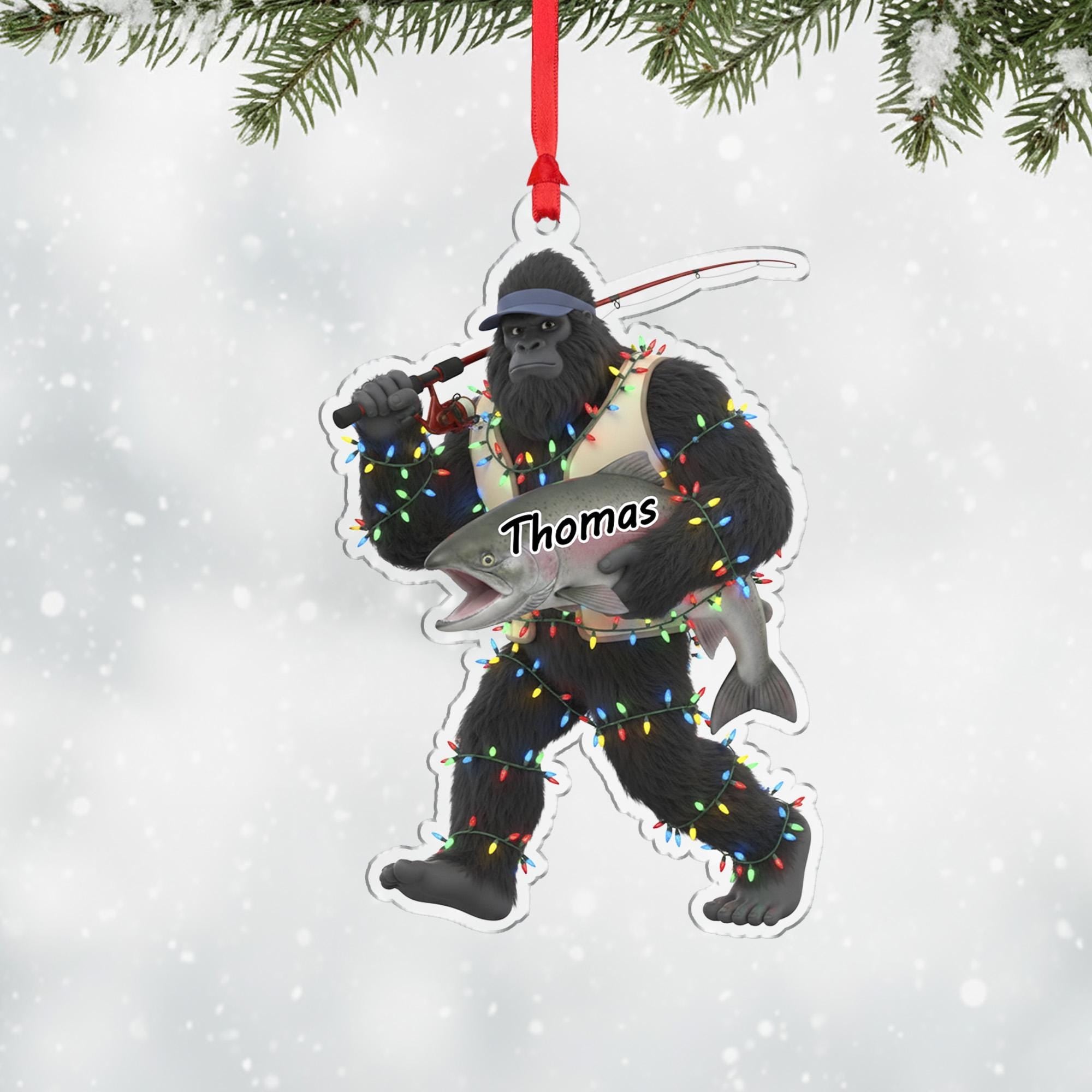 Personalized Sasquatch Bigfoot Fisherman Acrylic Ornament: Funny Fishing Christmas Decor