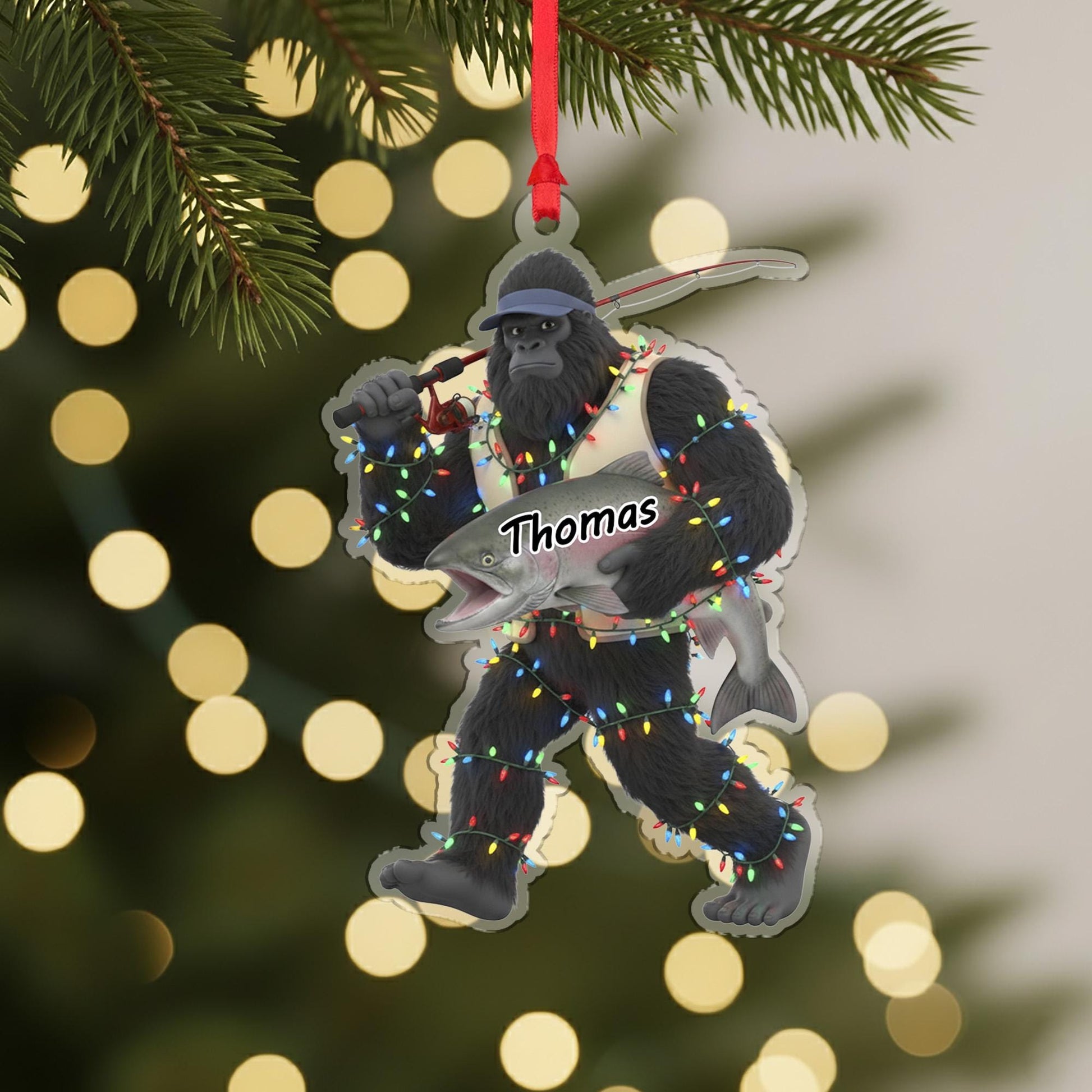 Personalized Sasquatch Bigfoot Fisherman Acrylic Ornament: Funny Fishing Christmas Decor