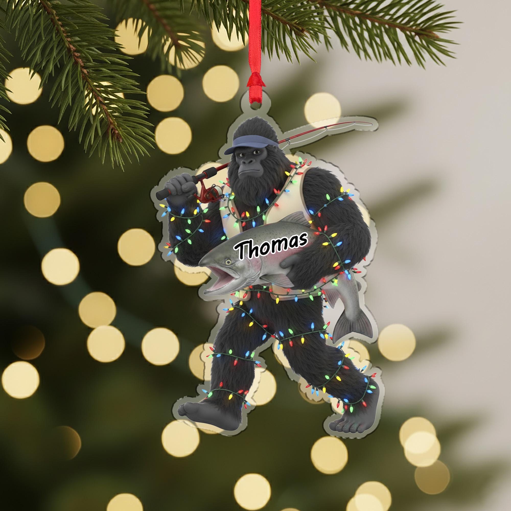 Personalized Sasquatch Bigfoot Fisherman Acrylic Ornament: Funny Fishing Christmas Decor