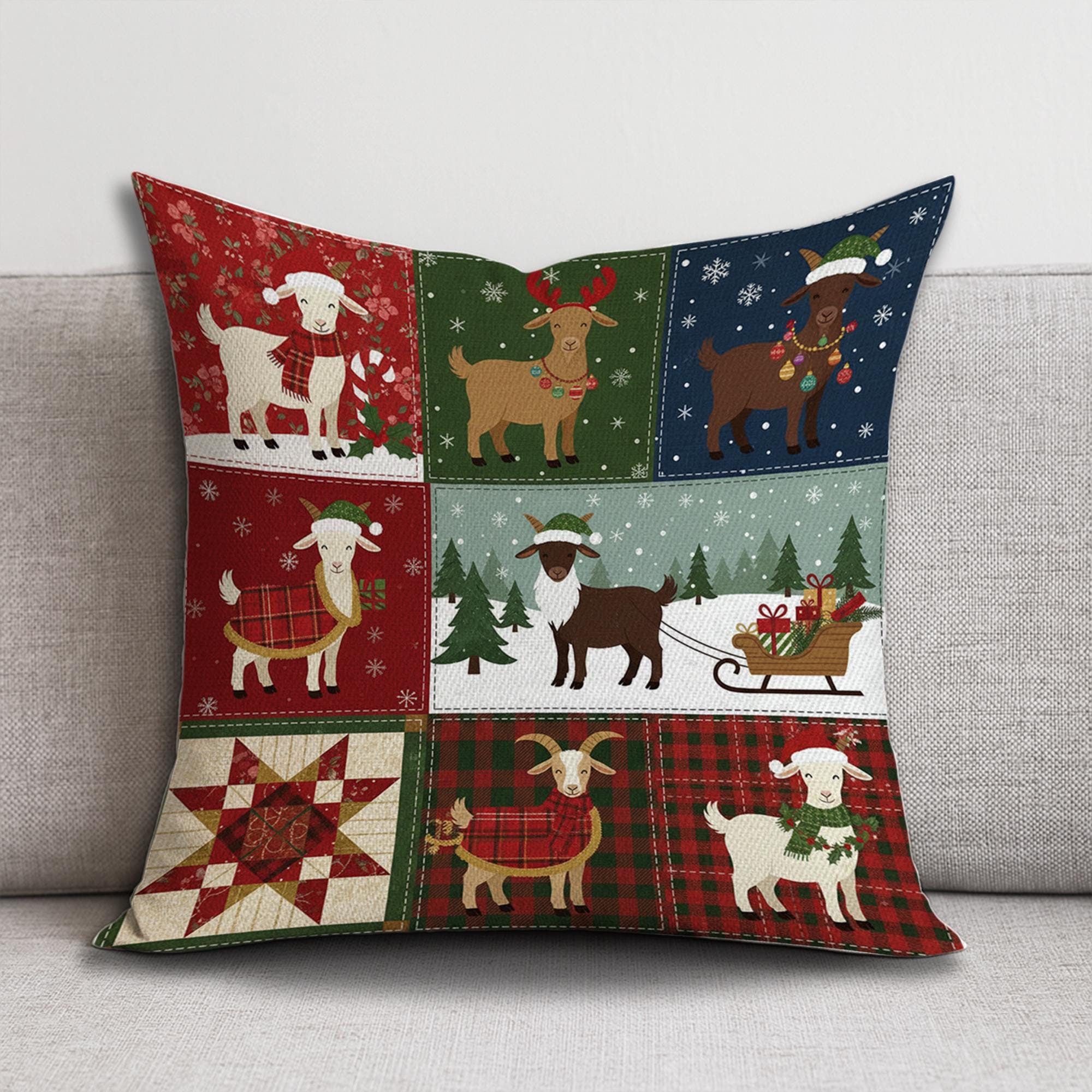 Christmas Goat Pillow – Farmhouse Holiday Throw Cushion, Festive Patchwork Decor
