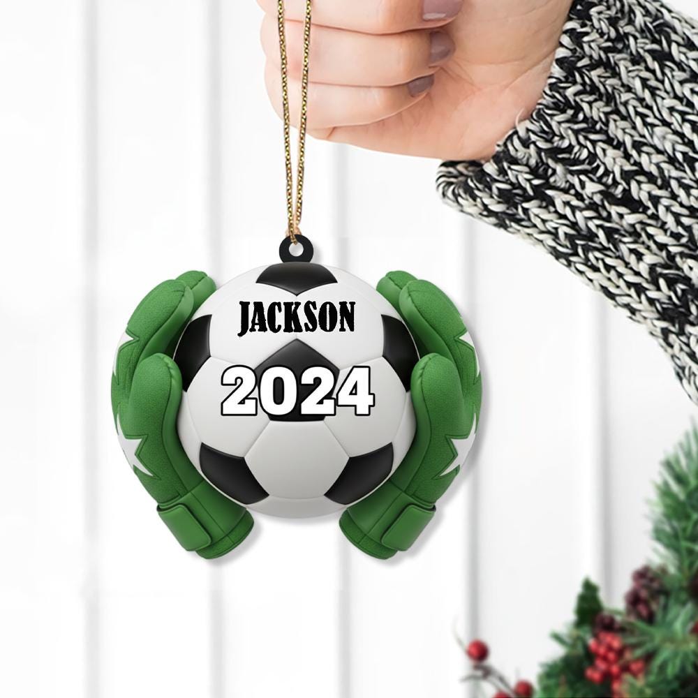 Personalized Soccer Ornament – Custom Name 2024 Christmas Decoration with Goalie Gloves