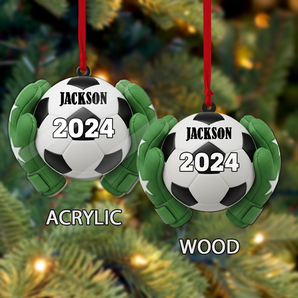 Personalized Soccer Ornament – Custom Name 2024 Christmas Decoration with Goalie Gloves