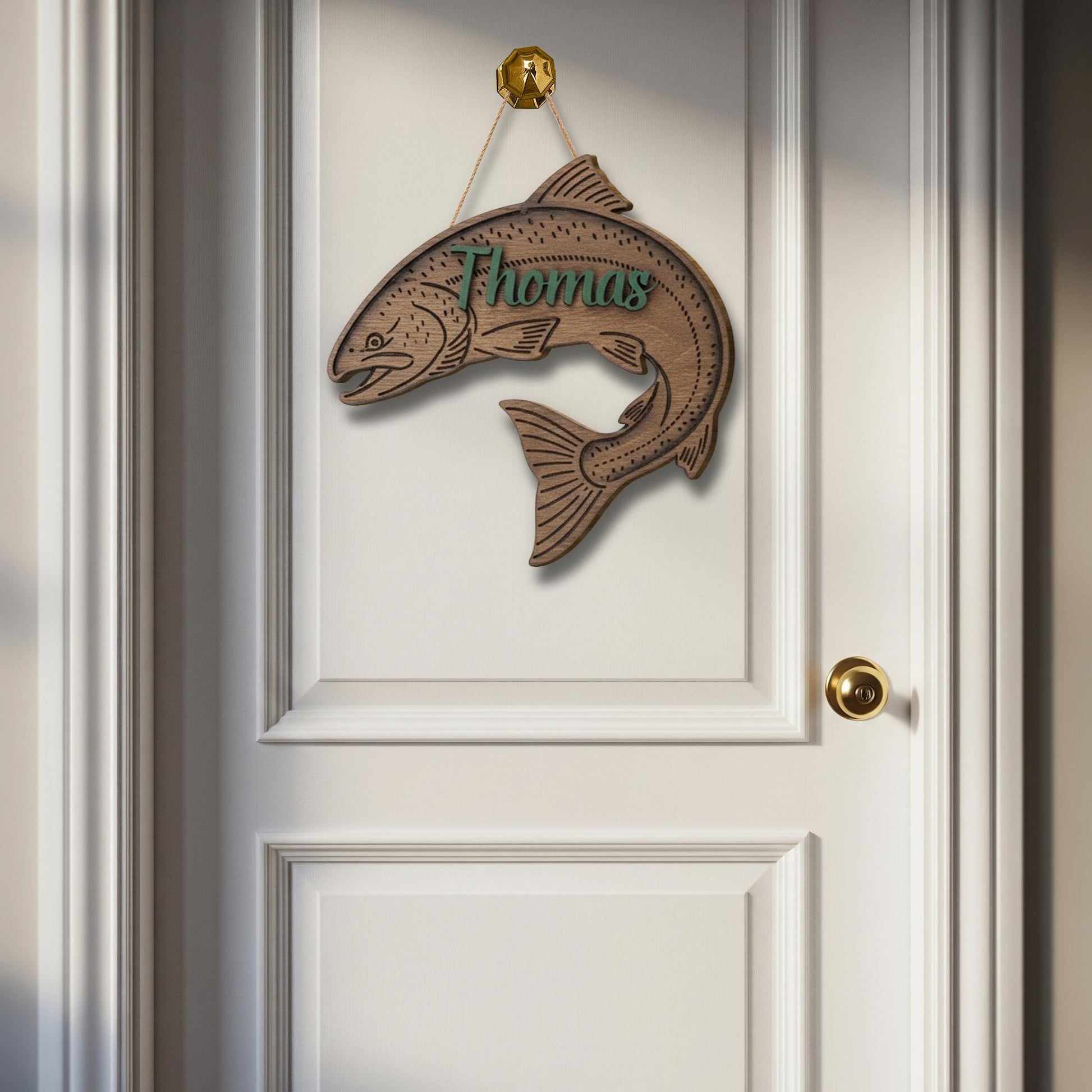 Personalized Salmon Fisher 2-Layer Wooden Sign: Fishing Nursery Decor